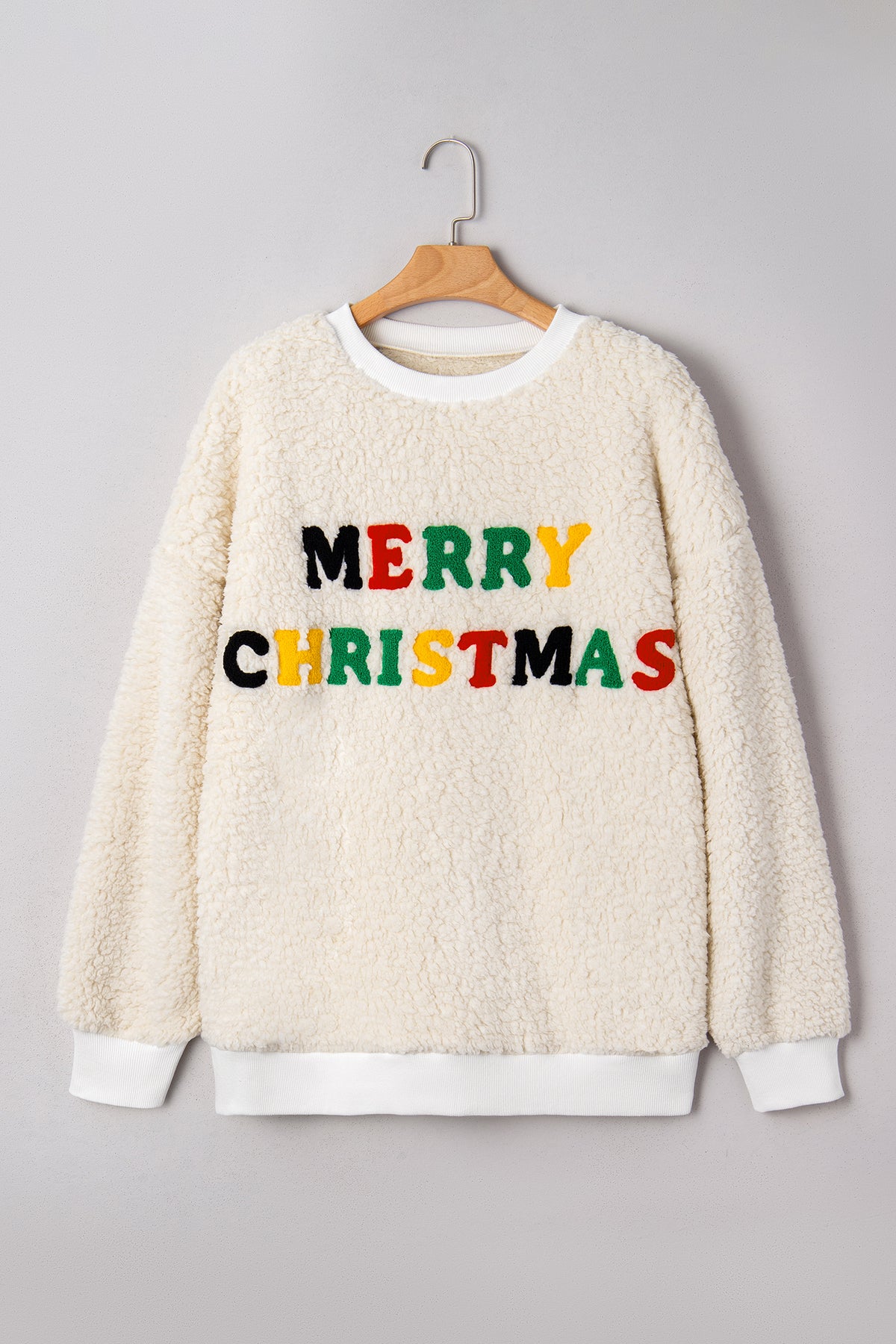 White MERRY CHRISTMAS Multicolor Embroidered Sherpa Pullover Sweatshirt