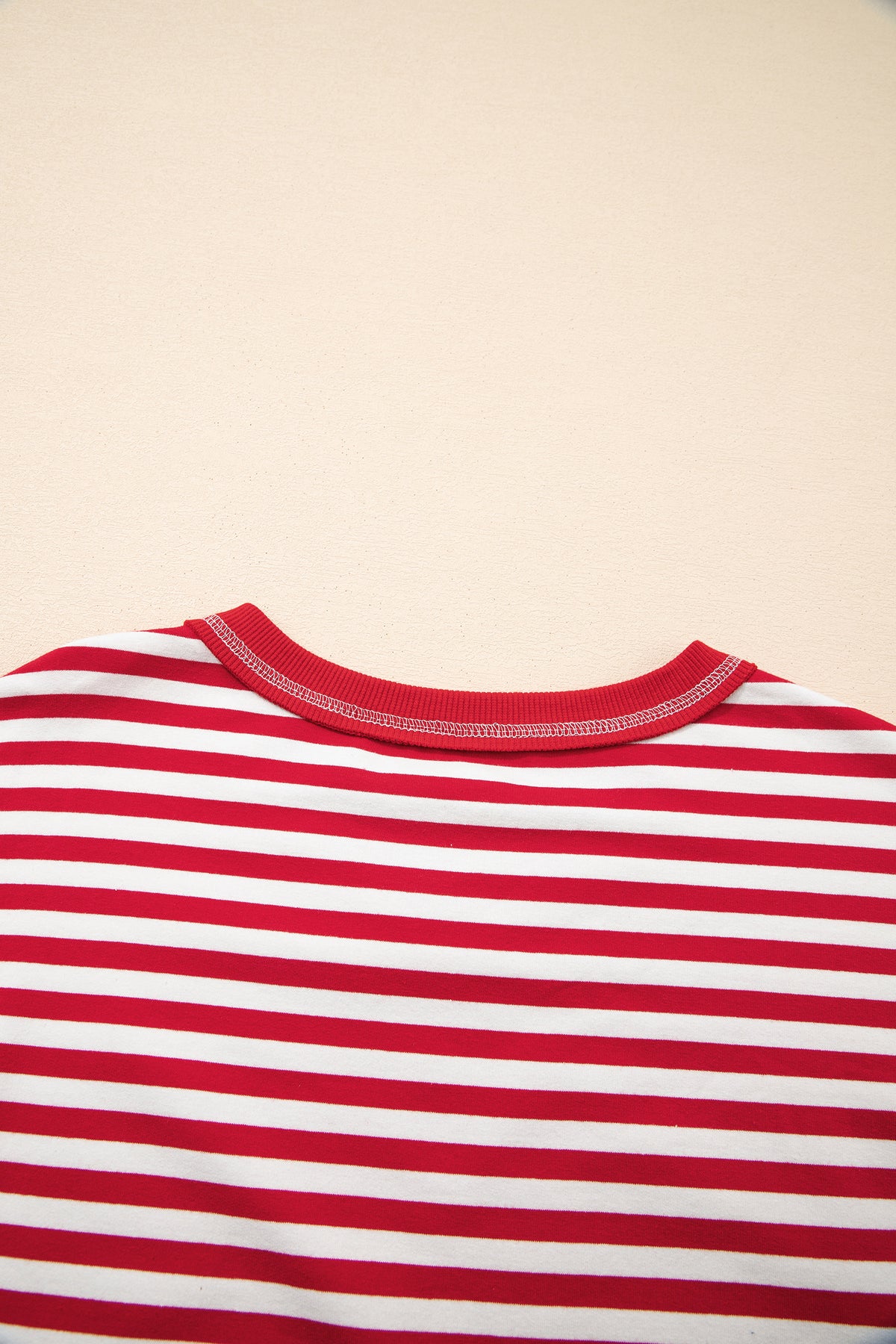 Red Stripe Exposed Seam V Neck Balloon Sleeve Pullover