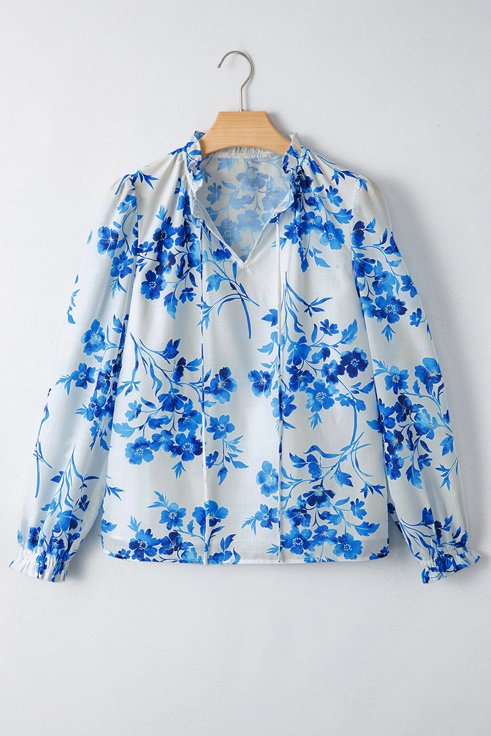 Blue Floral Long Sleeve Lace-up V Neck Blouse