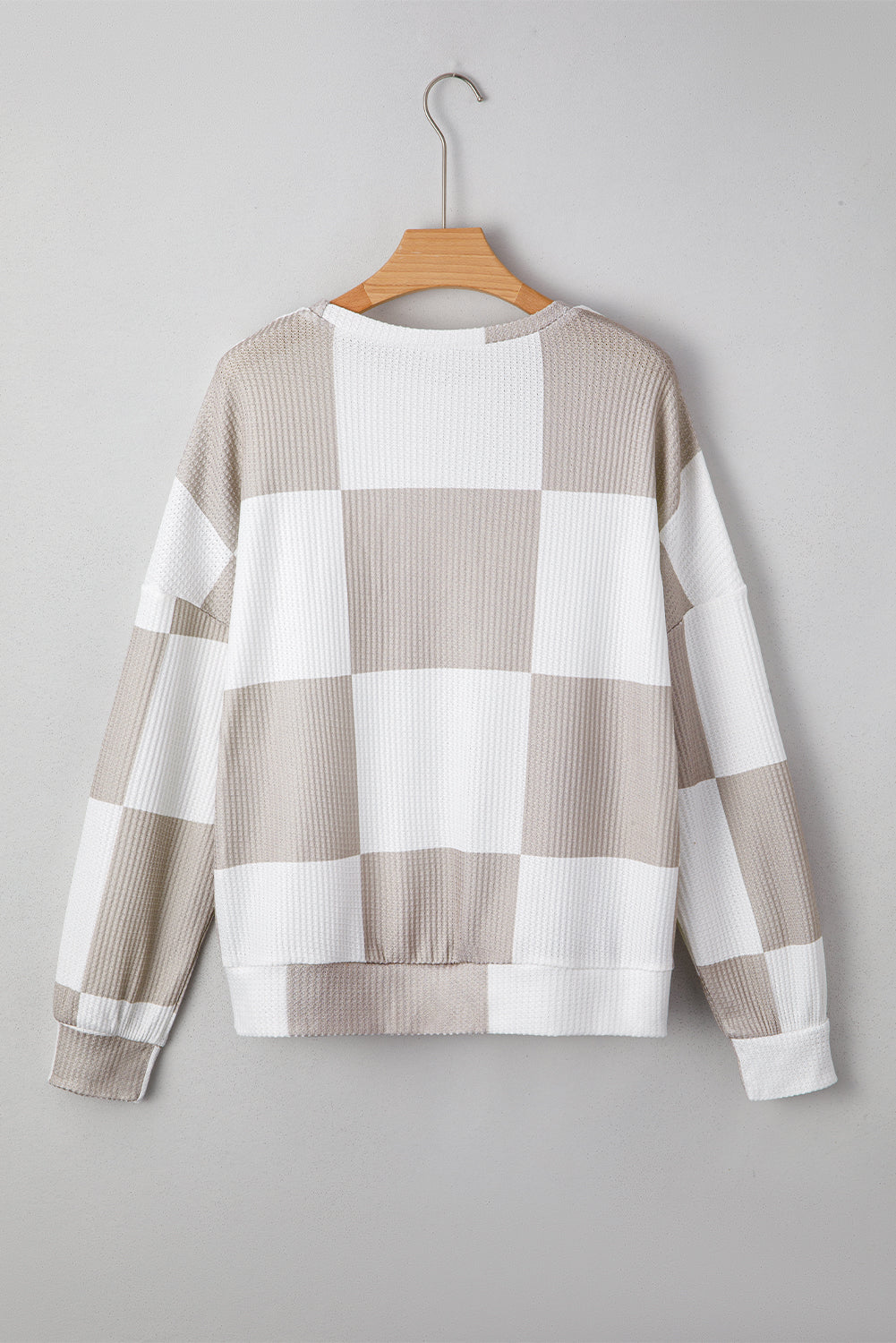 Khaki Checkered Print Breathable Textured Long Sleeve Top