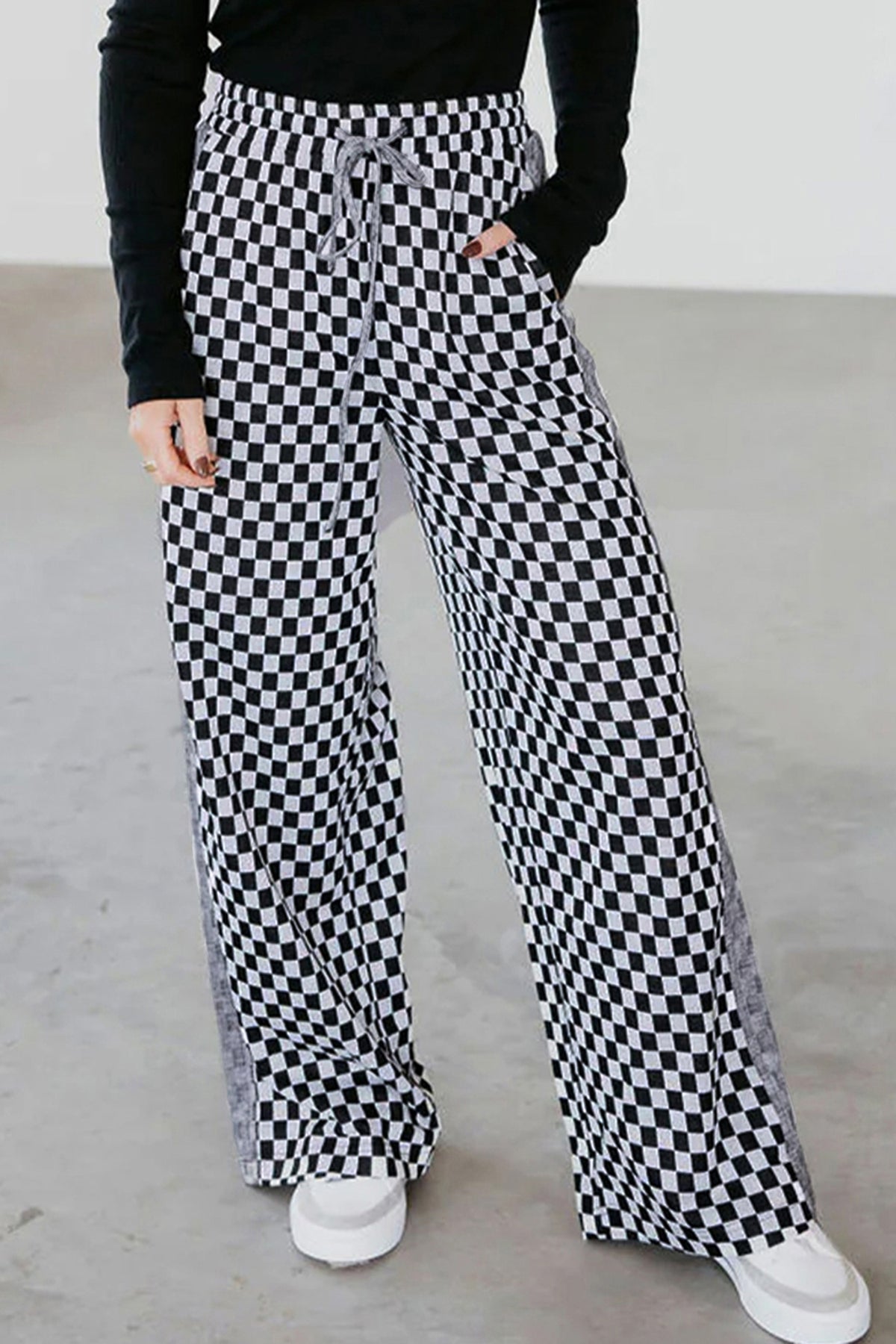 White Checkerboard Drawstring Waist Casual Pants