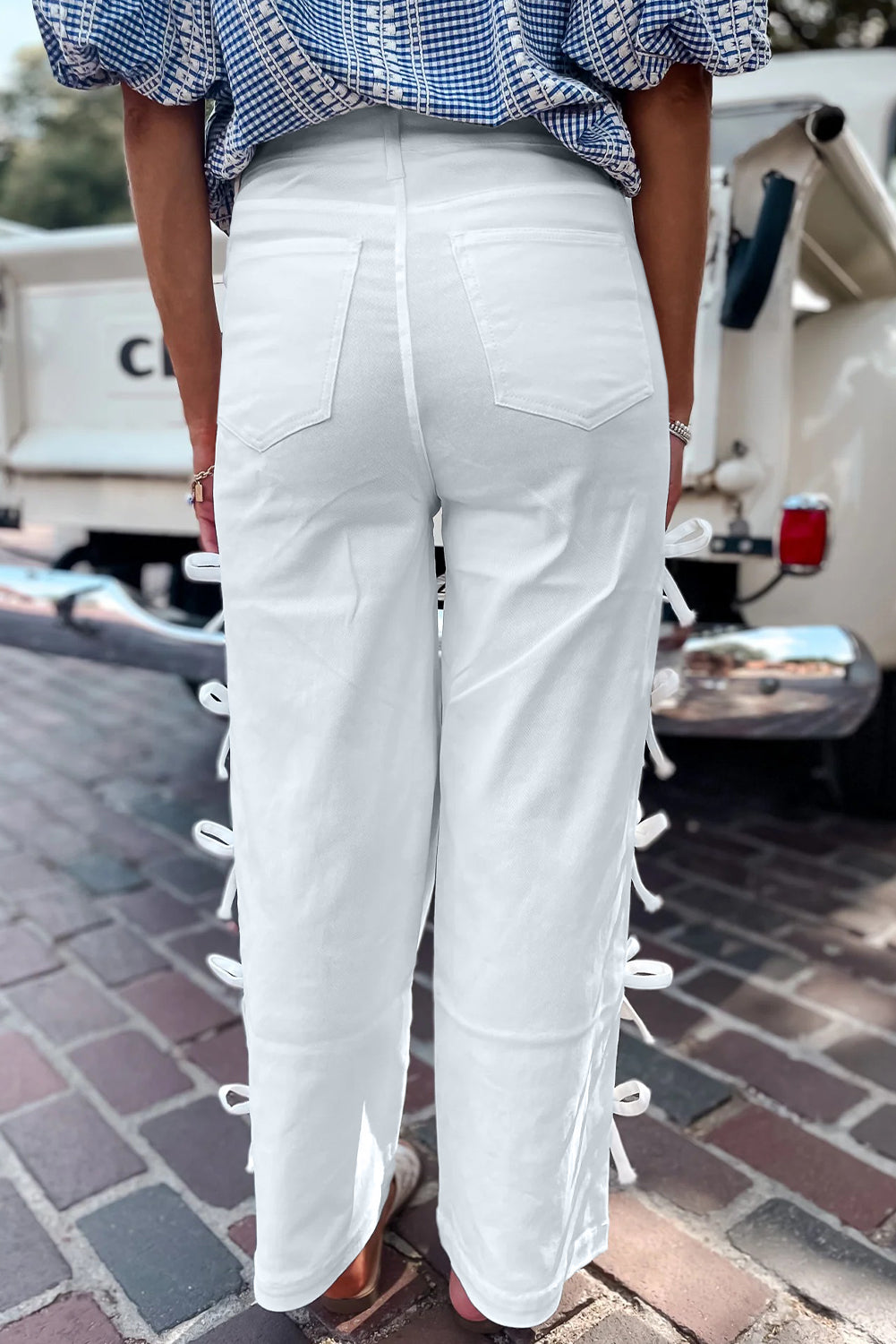 White Bow Knot Side Detail Straight Leg Loose Jeans