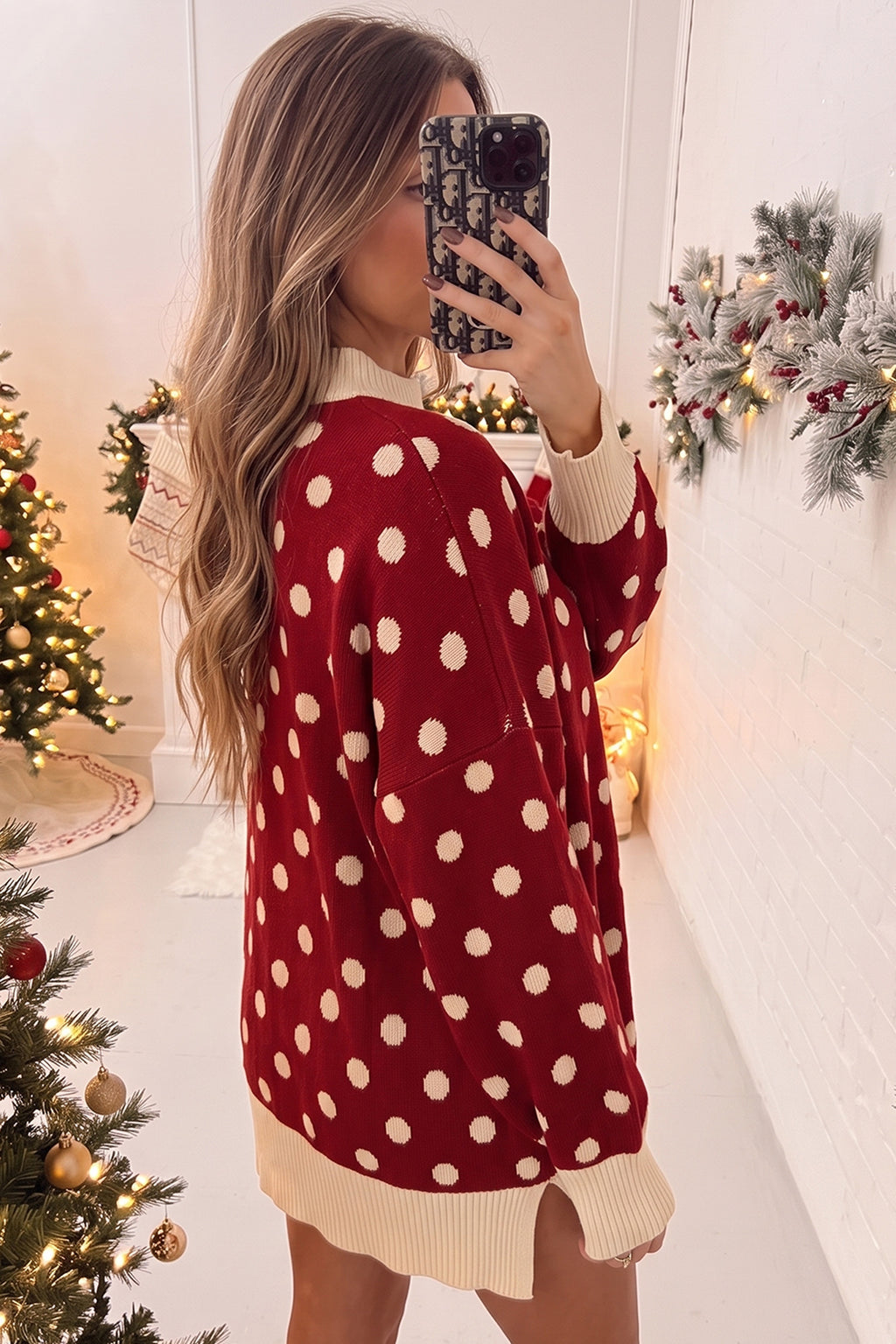 Green Polka Dot Pattern Ribbed Colorblock Trim Split Tunic Sweater