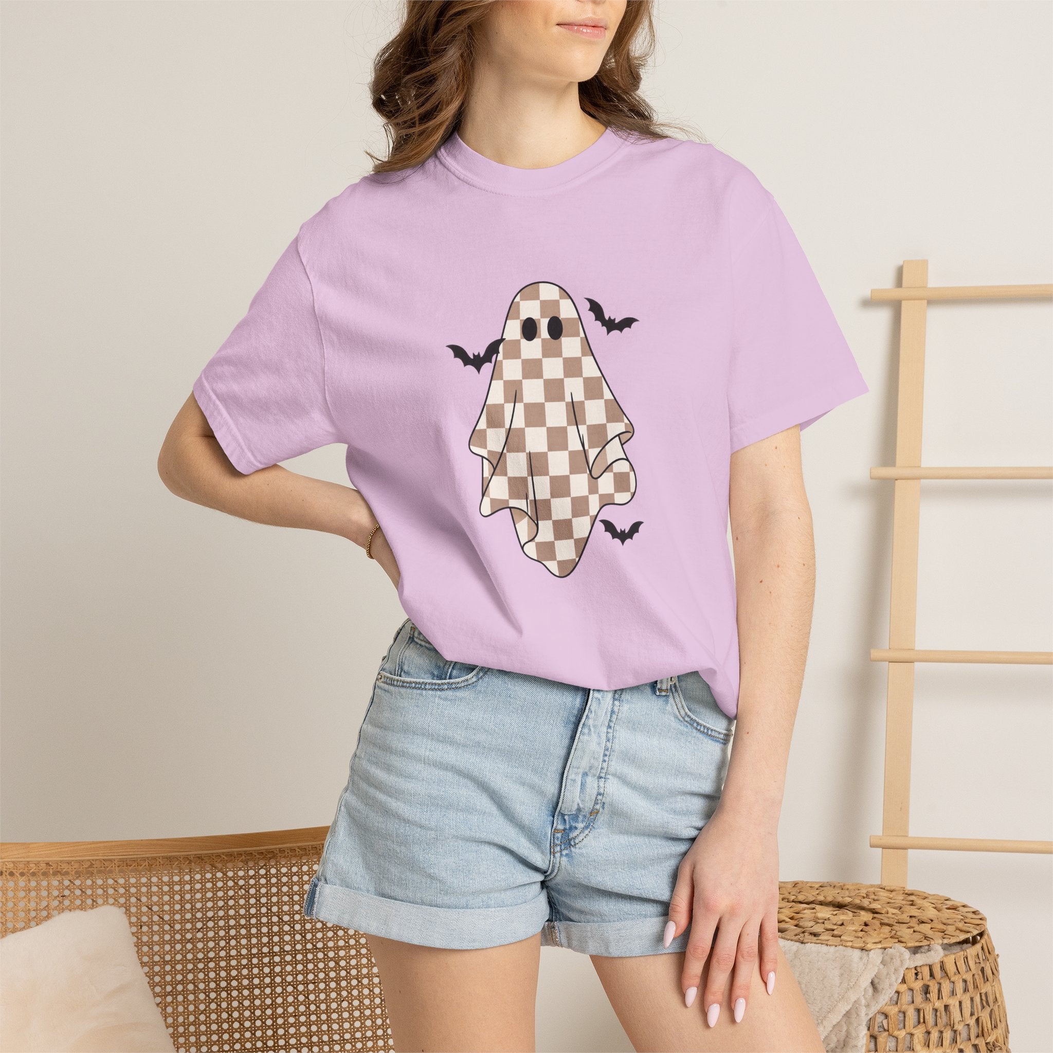 Checkerboard Ghost T-Shirt — Cute Halloween Ghost Tee with Bats