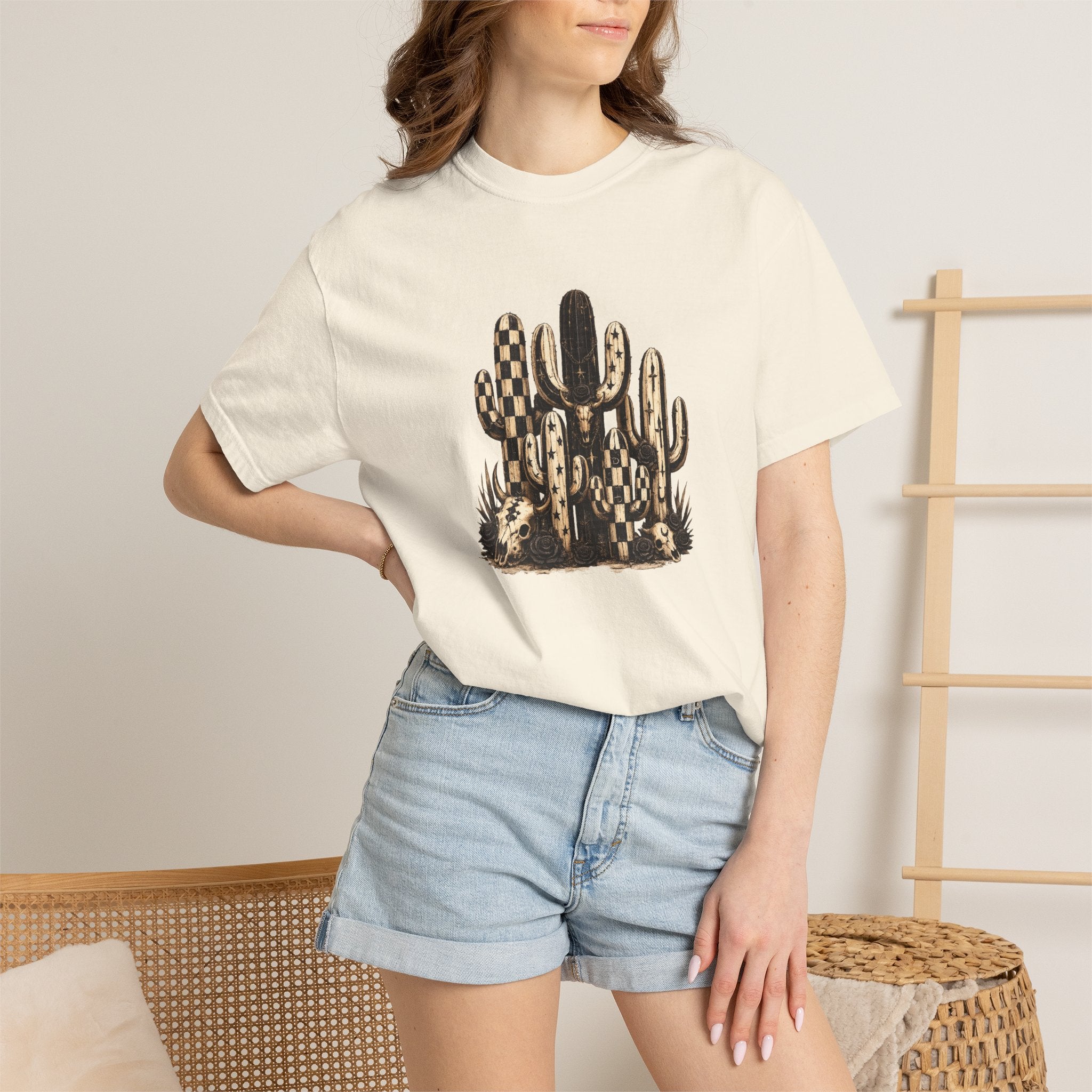 Cactus Desert Art T-Shirt — Southwestern Checkerboard Succulents Tee