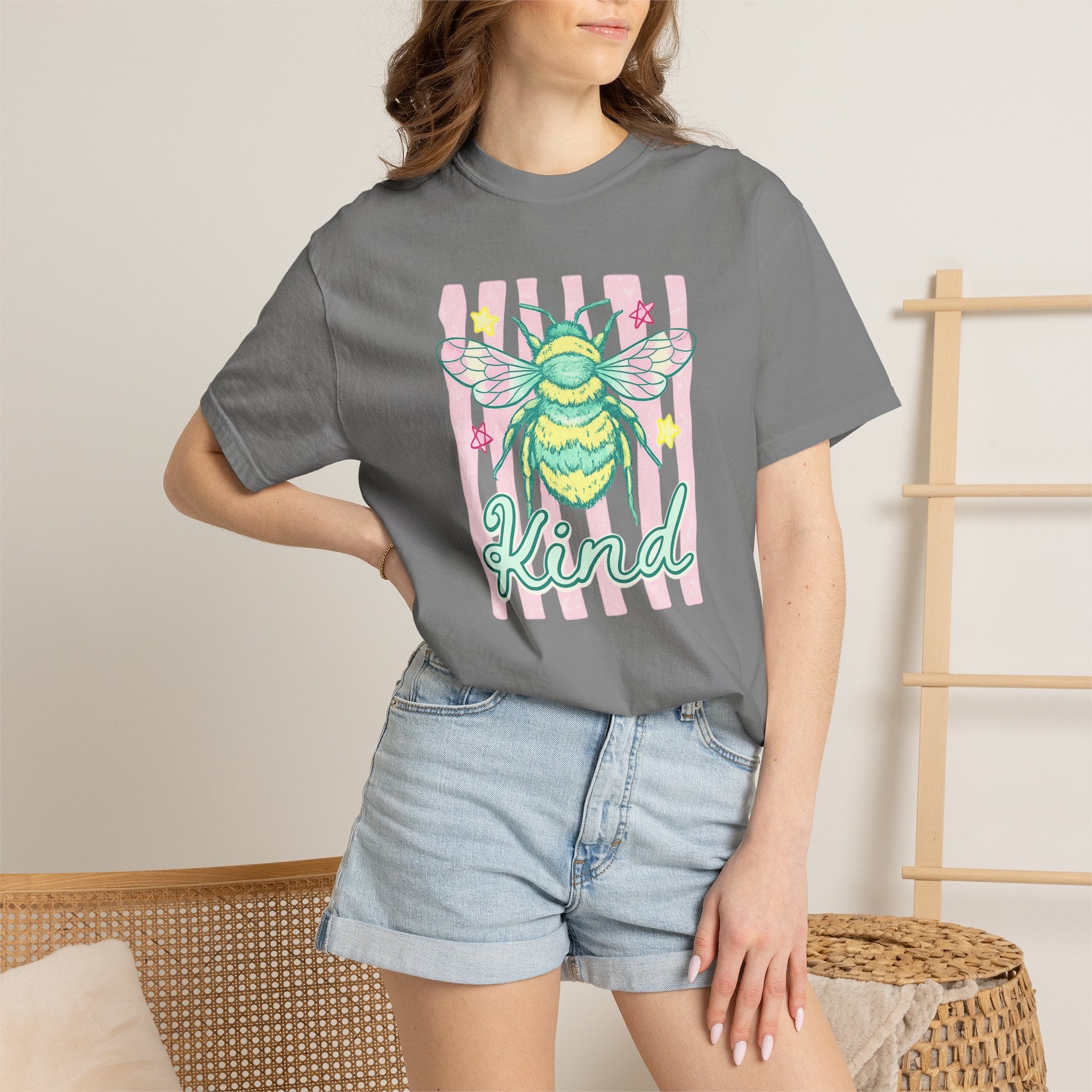 Kind Bee T-Shirt — Pastel Bee Graphic Tee with "Kind" Script