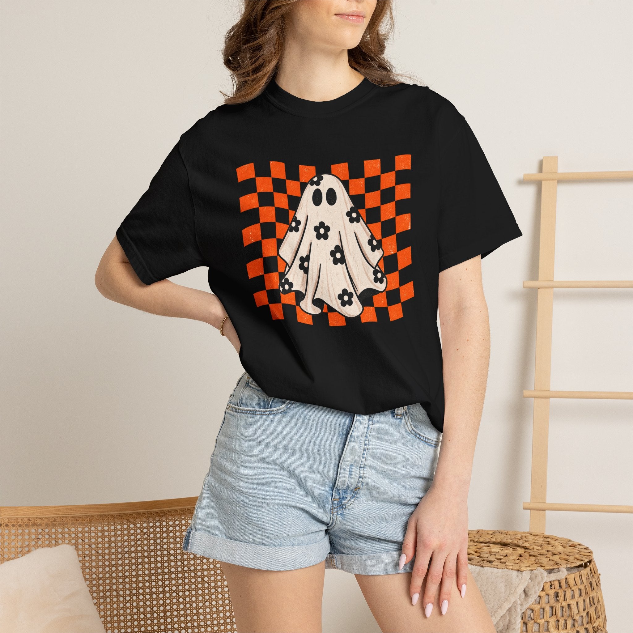 Ghost Character T‑Shirt — Cute Checkerboard Halloween Tee