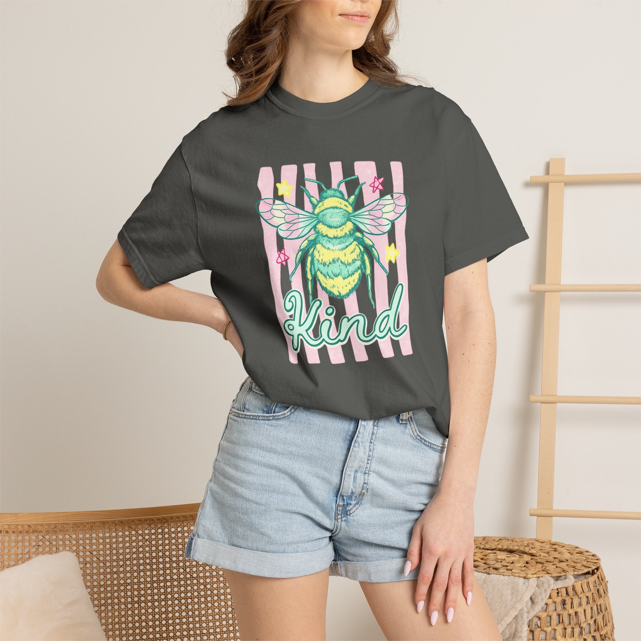 Kind Bee T-Shirt — Pastel Bee Graphic Tee with "Kind" Script