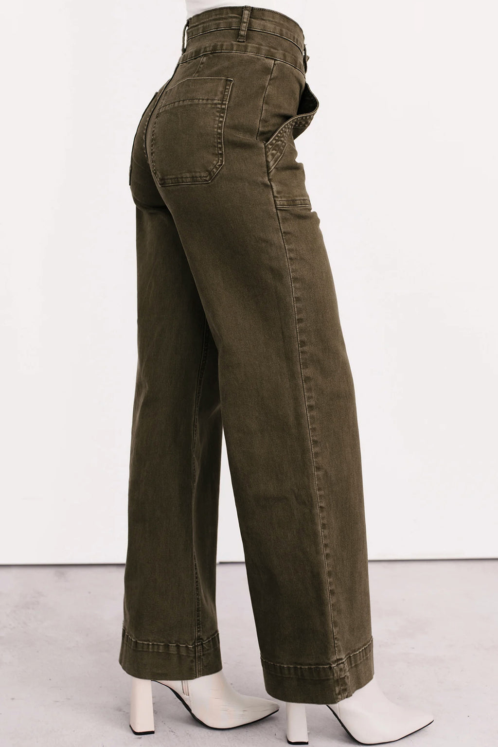 Jungle Green Double Waistband Loose Straight Jeans