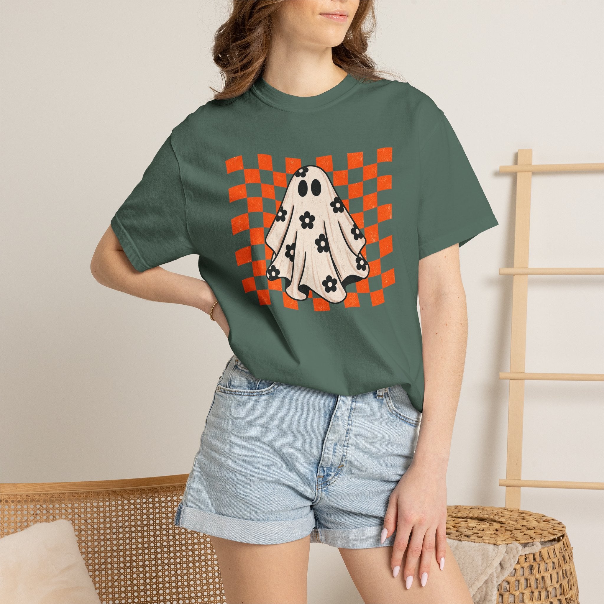 Ghost Character T‑Shirt — Cute Checkerboard Halloween Tee