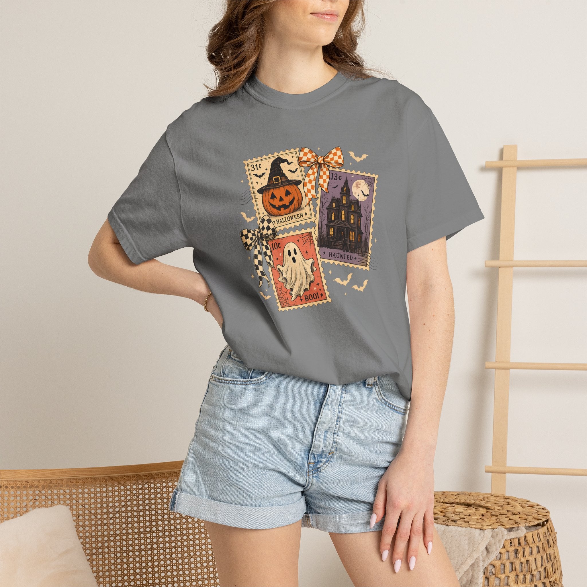 Halloween Postcard T-Shirt — Vintage Jack-o'-Lantern & Ghost Graphic