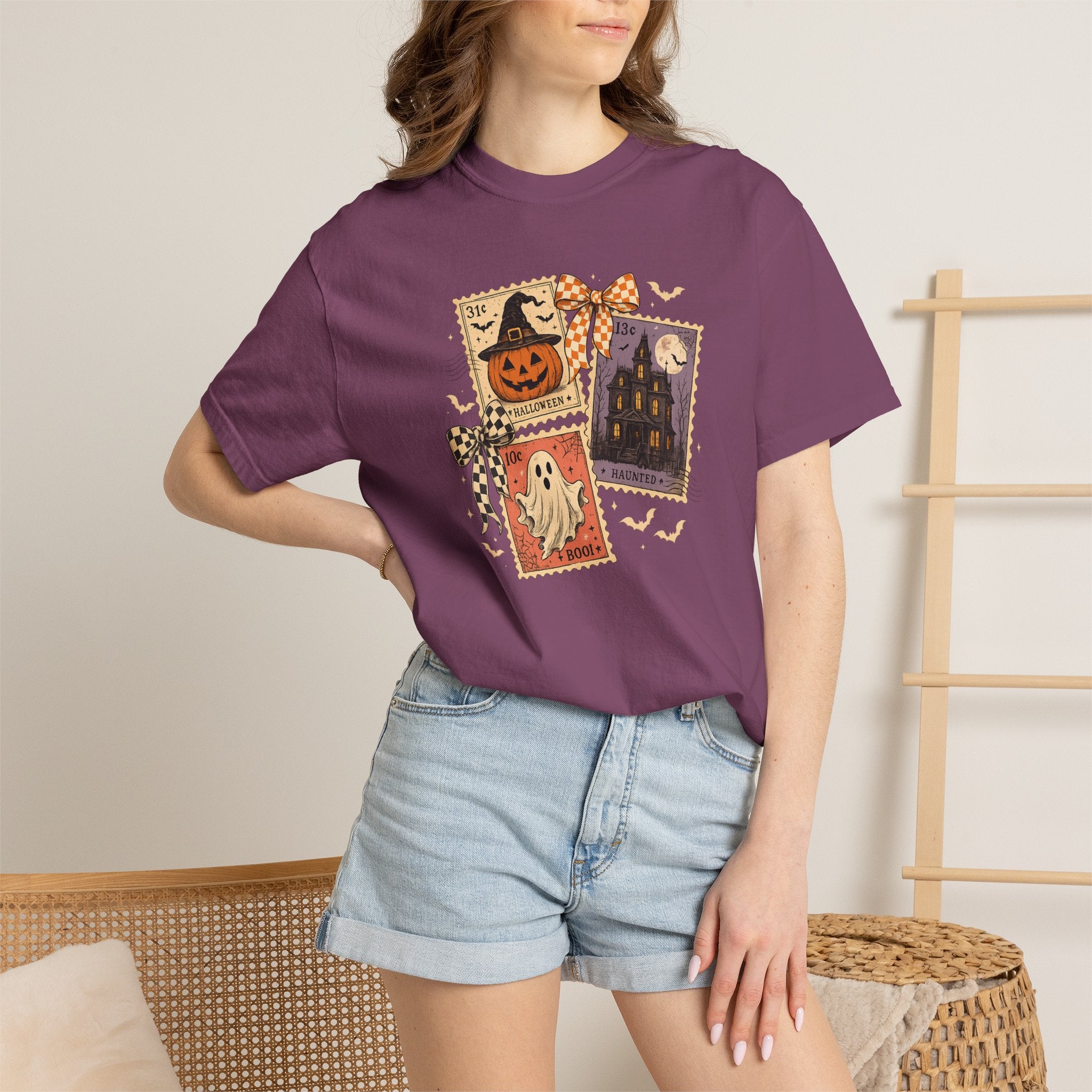 Halloween Postcard T-Shirt — Vintage Jack-o'-Lantern & Ghost Graphic