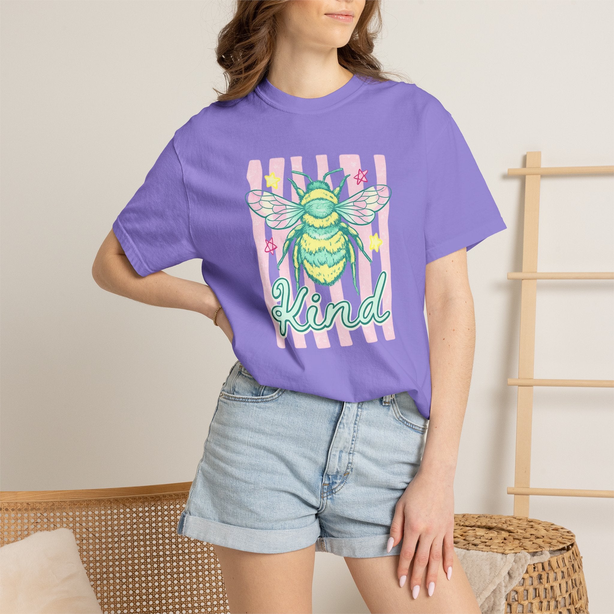 Kind Bee T-Shirt — Pastel Bee Graphic Tee with "Kind" Script
