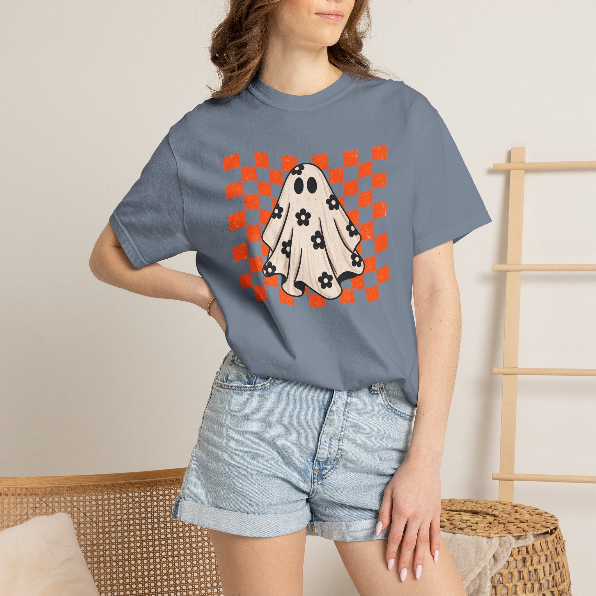 Ghost Character T‑Shirt — Cute Checkerboard Halloween Tee