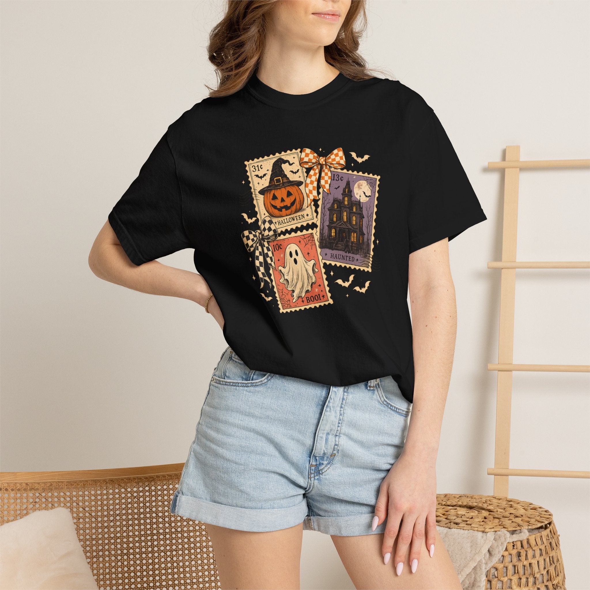 Halloween Postcard T-Shirt — Vintage Jack-o'-Lantern & Ghost Graphic