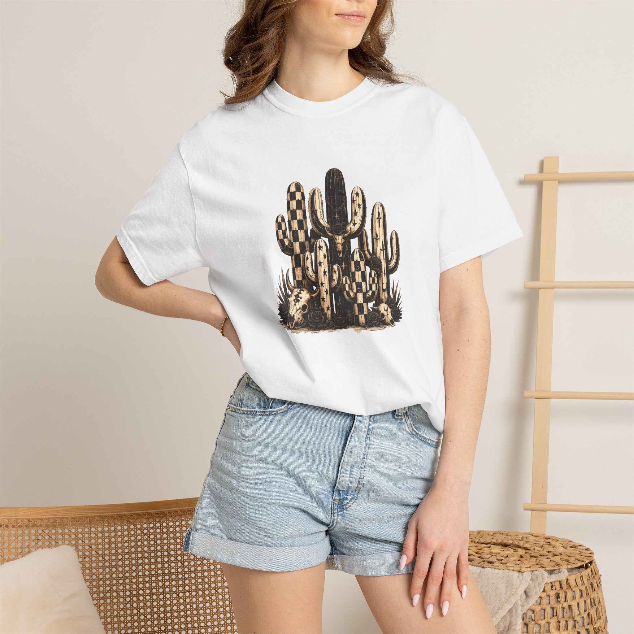 Cactus Desert Art T-Shirt — Southwestern Checkerboard Succulents Tee