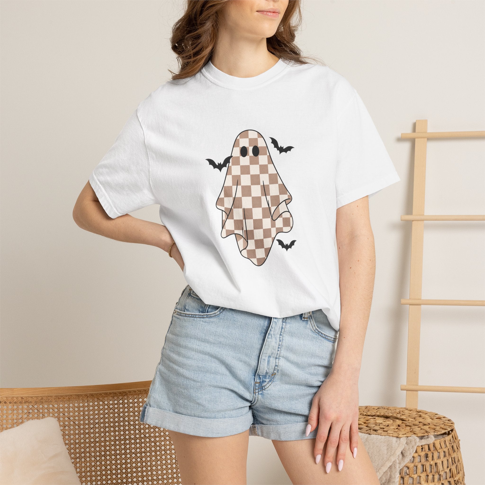 Checkerboard Ghost T-Shirt — Cute Halloween Ghost Tee with Bats