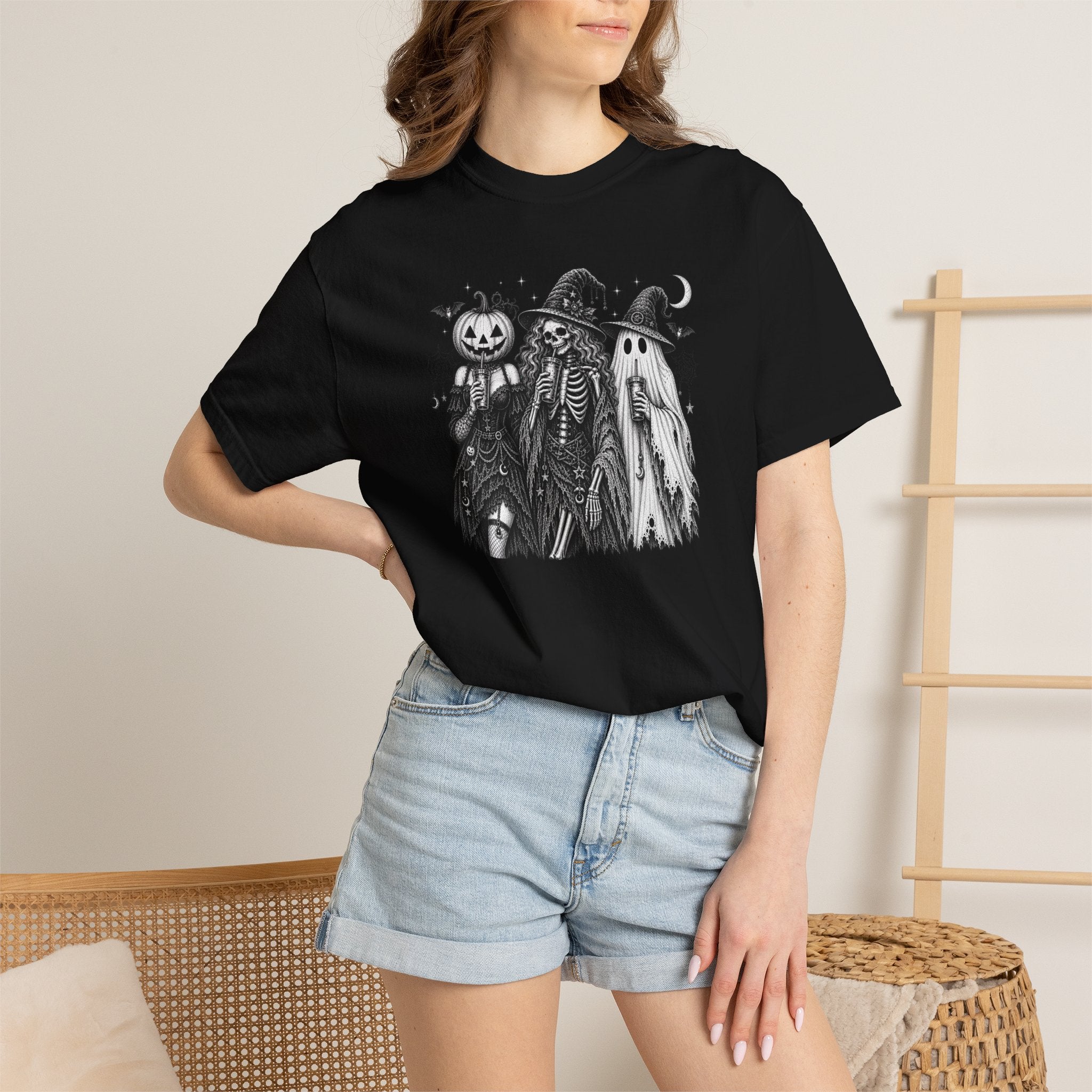 Halloween Trio Skeletons Graphic T-Shirt — Spooky Witch, Pumpkin & Ghost Tee
