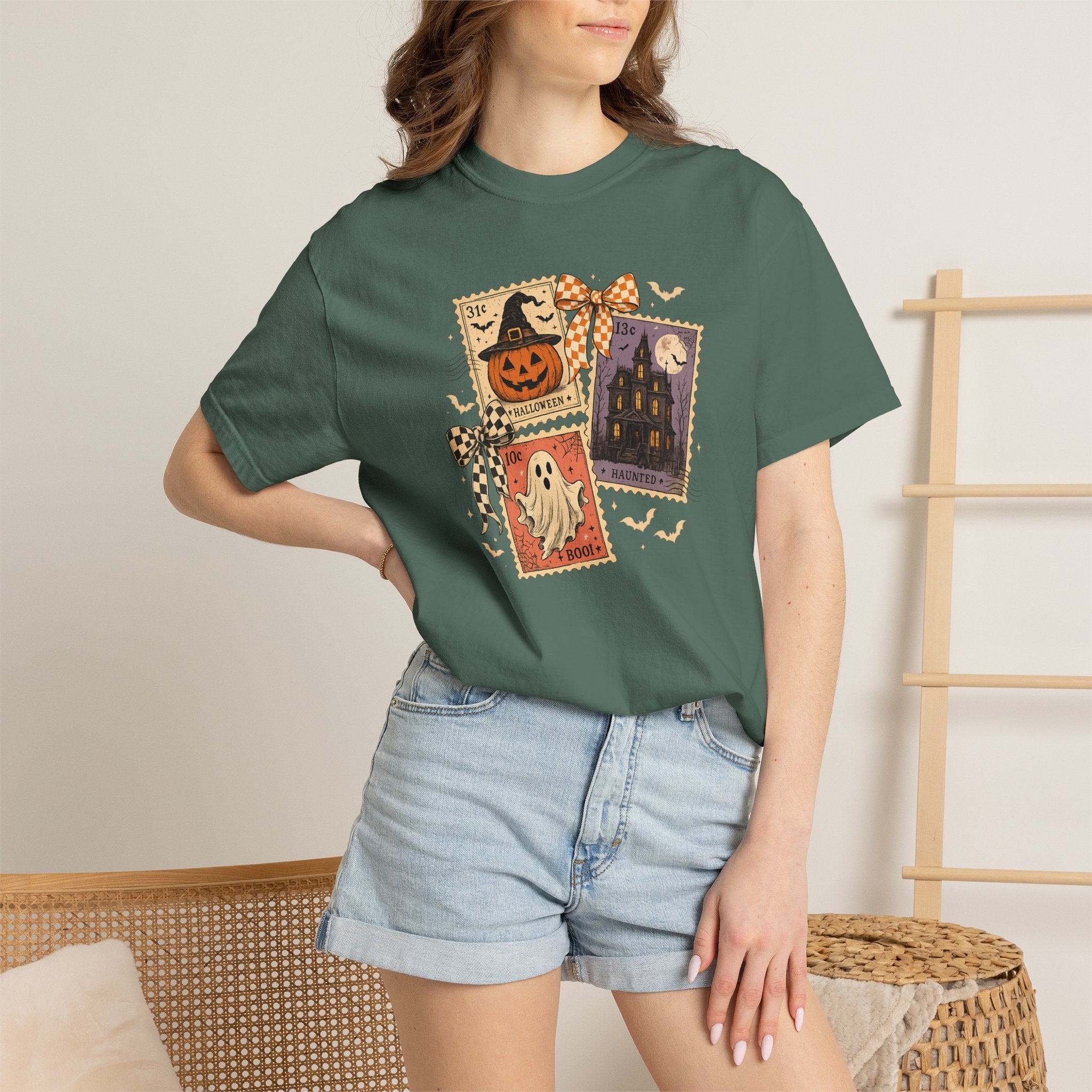 Halloween Postcard T-Shirt — Vintage Jack-o'-Lantern & Ghost Graphic