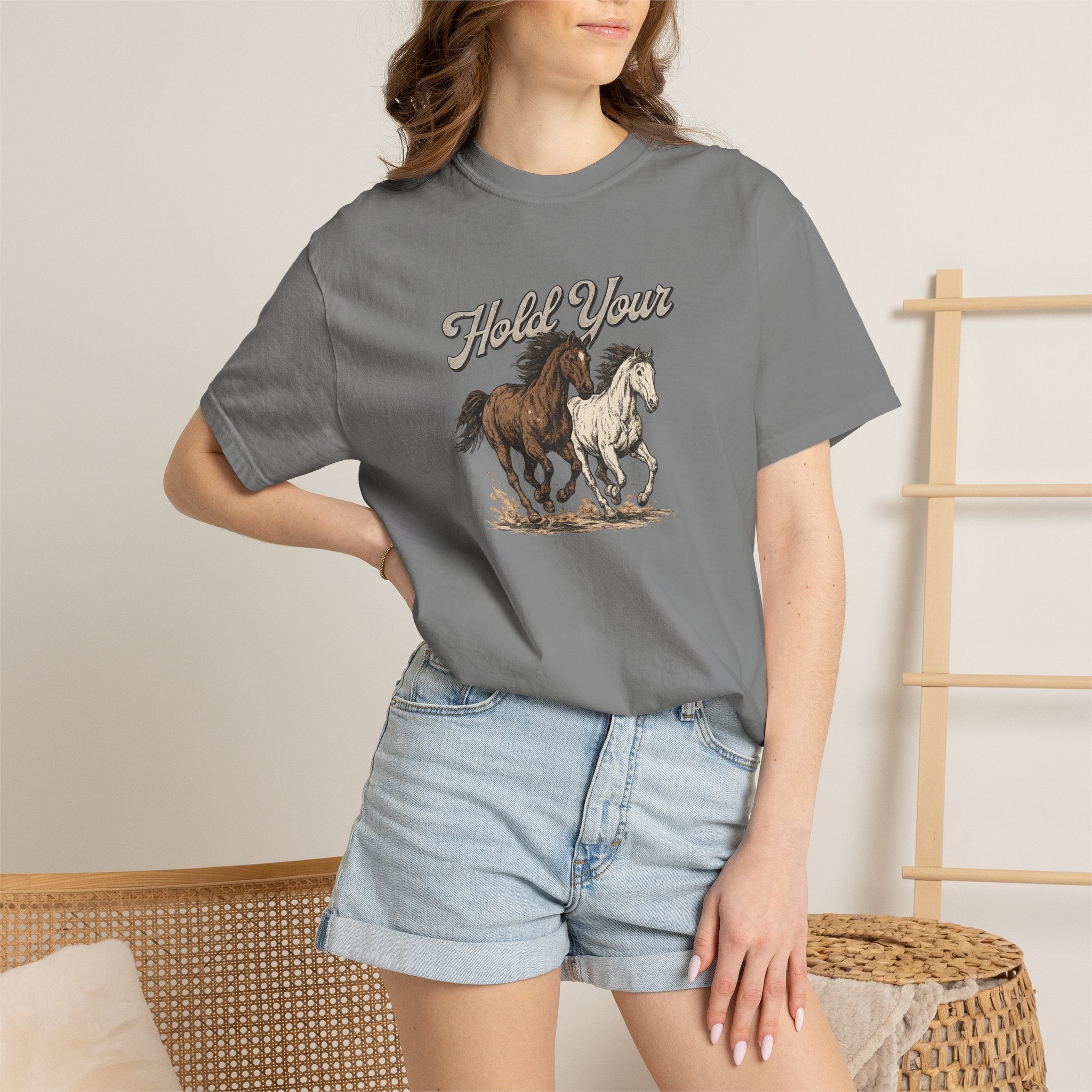 Horse Run Graphic T-Shirt — 'Hold Your' Vintage Western Tee