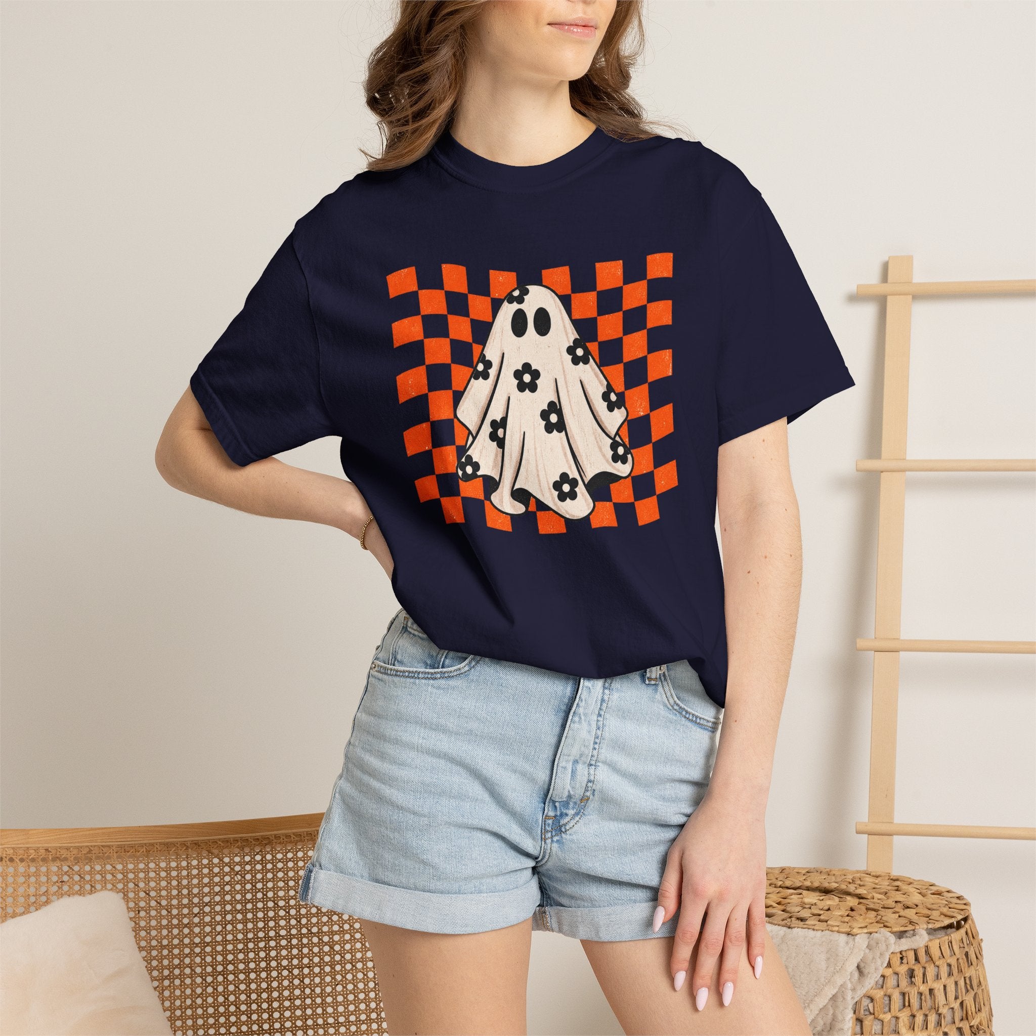 Ghost Character T‑Shirt — Cute Checkerboard Halloween Tee