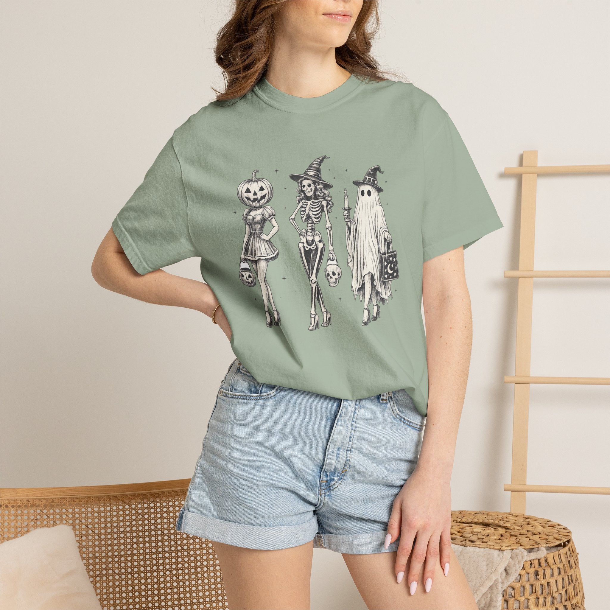 Halloween Trio T-Shirt — Vintage Skeleton, Witch & Ghost Costume Design