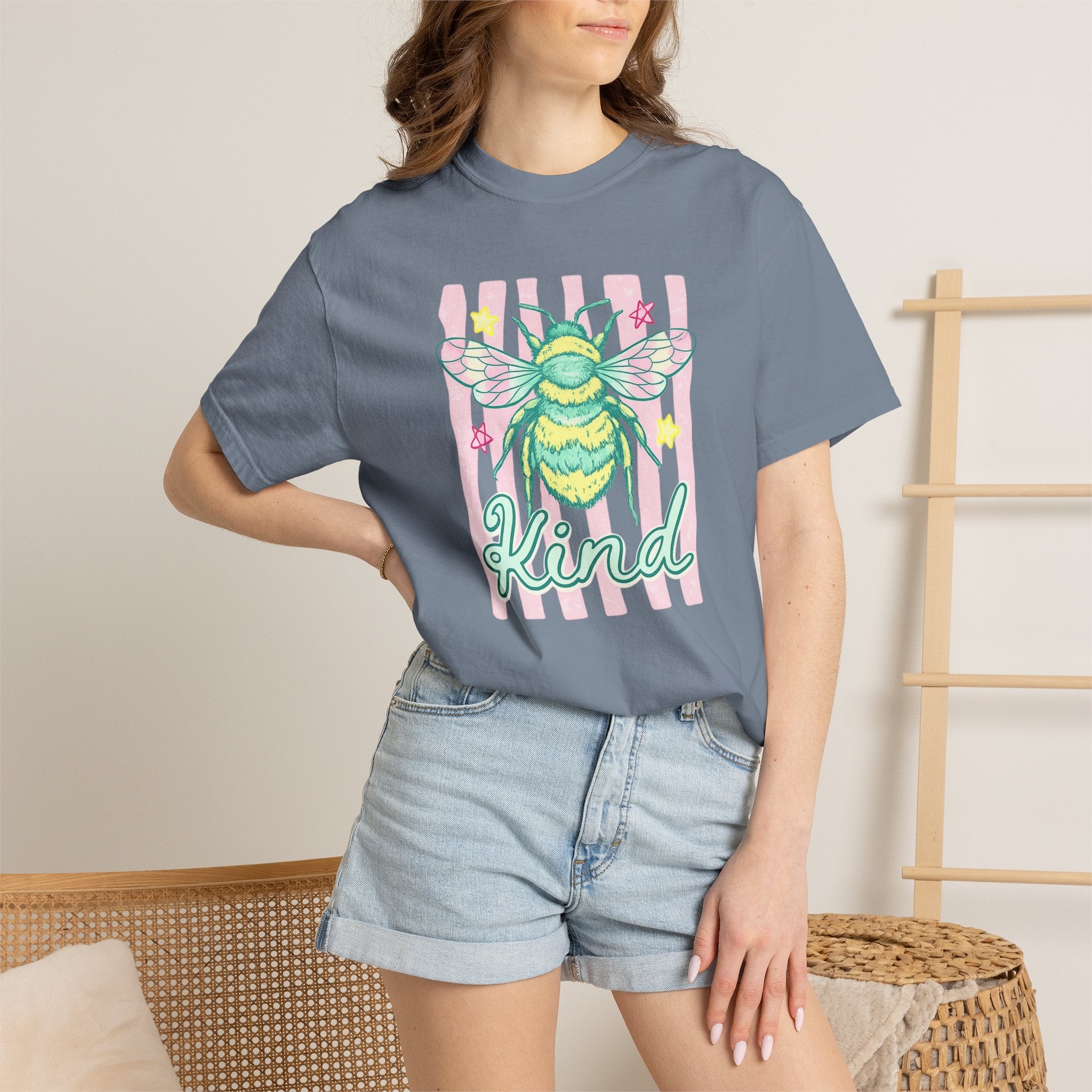 Kind Bee T-Shirt — Pastel Bee Graphic Tee with "Kind" Script