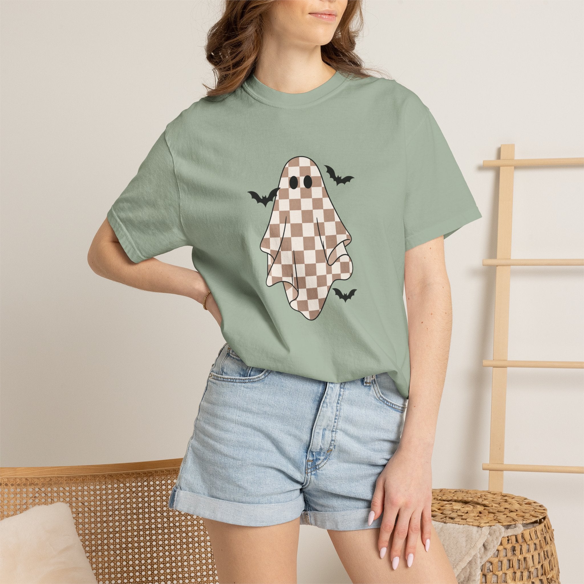 Checkerboard Ghost T-Shirt — Cute Halloween Ghost Tee with Bats