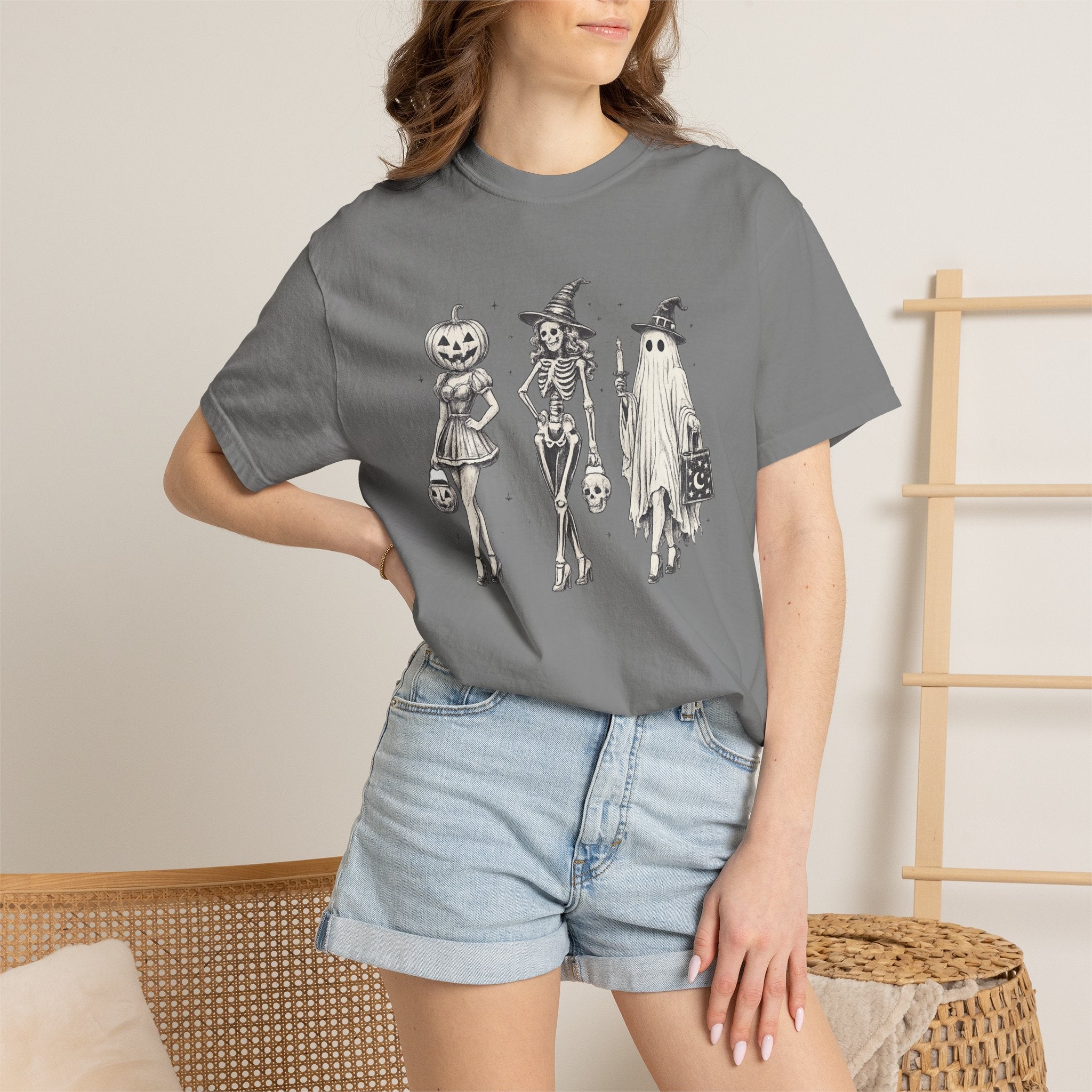 Halloween Trio T-Shirt — Vintage Skeleton, Witch & Ghost Costume Design