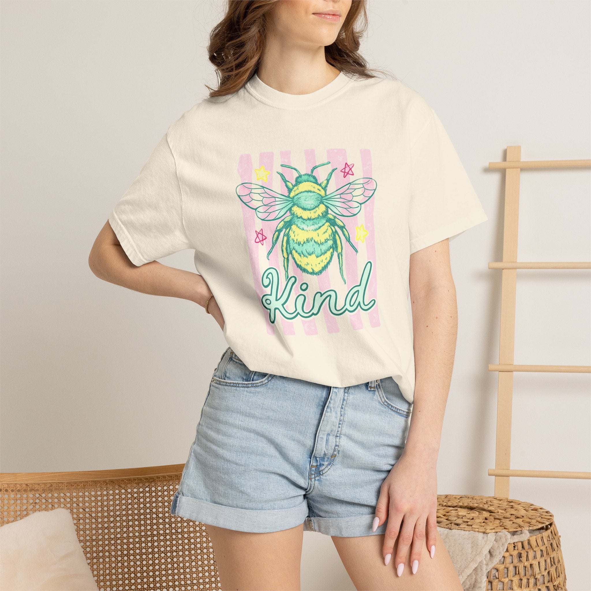 Kind Bee T-Shirt — Pastel Bee Graphic Tee with "Kind" Script