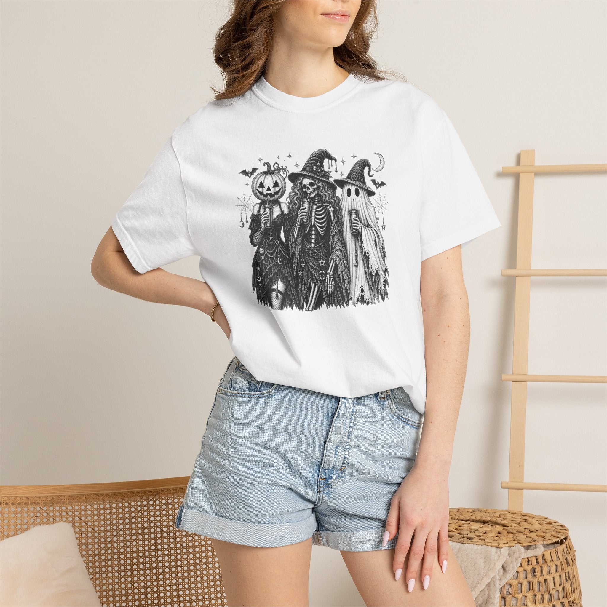 Halloween Trio Skeletons Graphic T-Shirt — Spooky Witch, Pumpkin & Ghost Tee