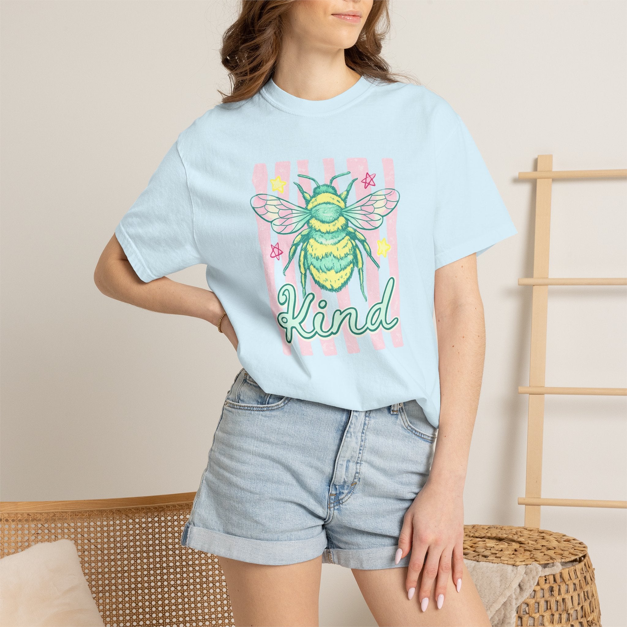 Kind Bee T-Shirt — Pastel Bee Graphic Tee with "Kind" Script