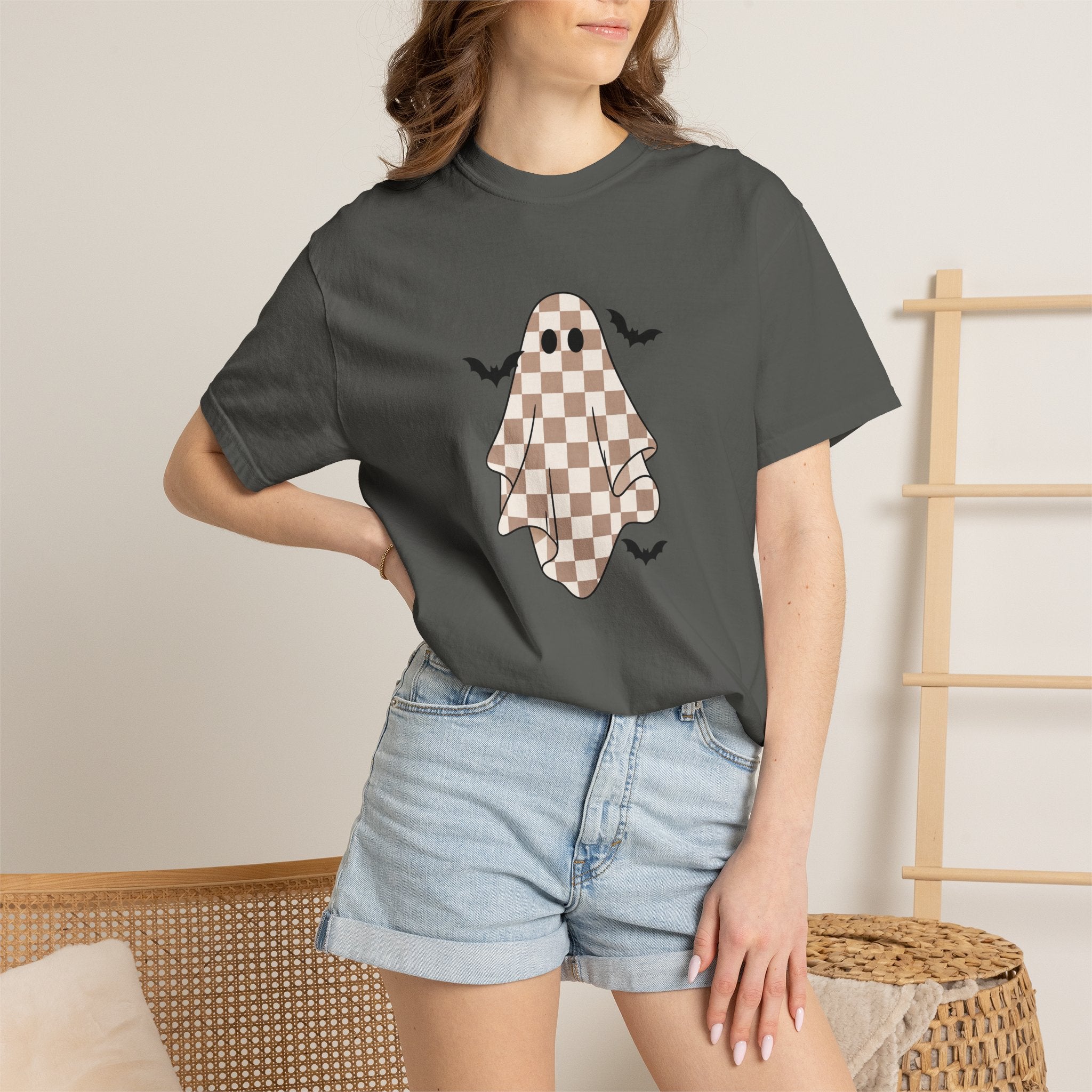 Checkerboard Ghost T-Shirt — Cute Halloween Ghost Tee with Bats