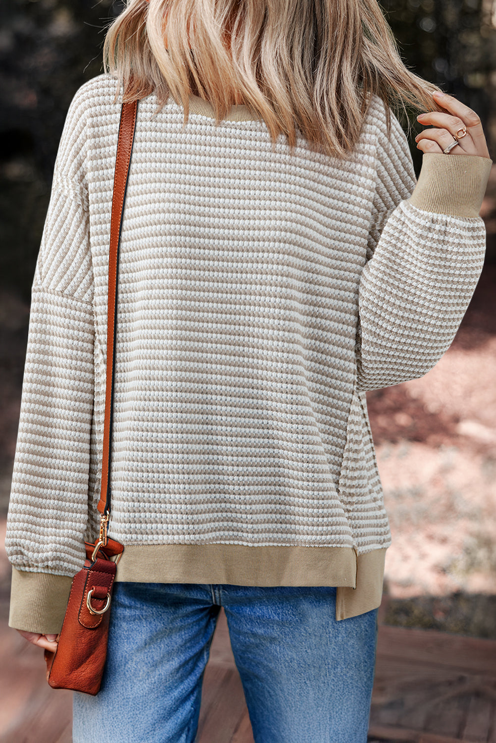 Brown Stripe Ribbed Trim Drop Shoulder Long Sleeve Oversize Top