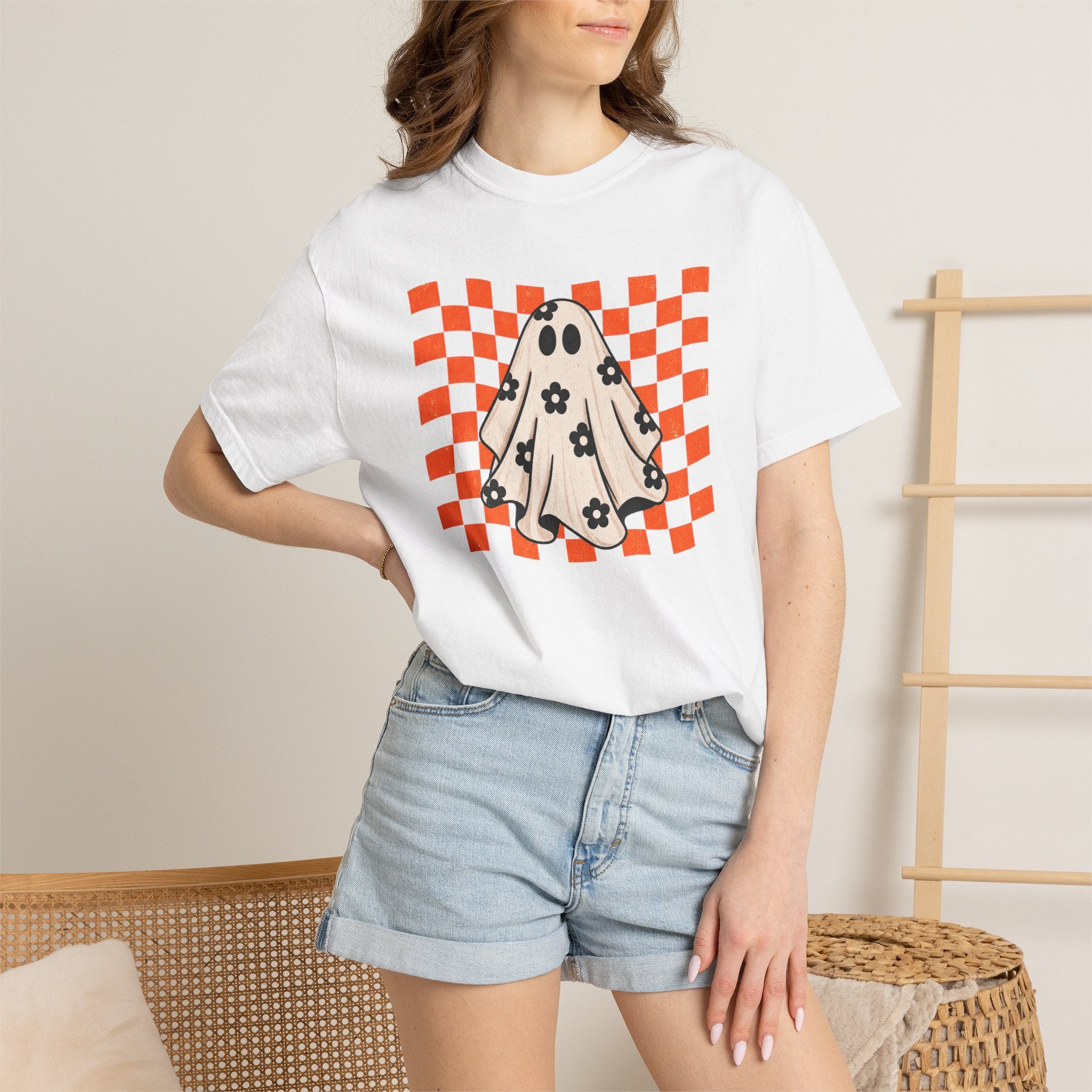 Ghost Character T‑Shirt — Cute Checkerboard Halloween Tee