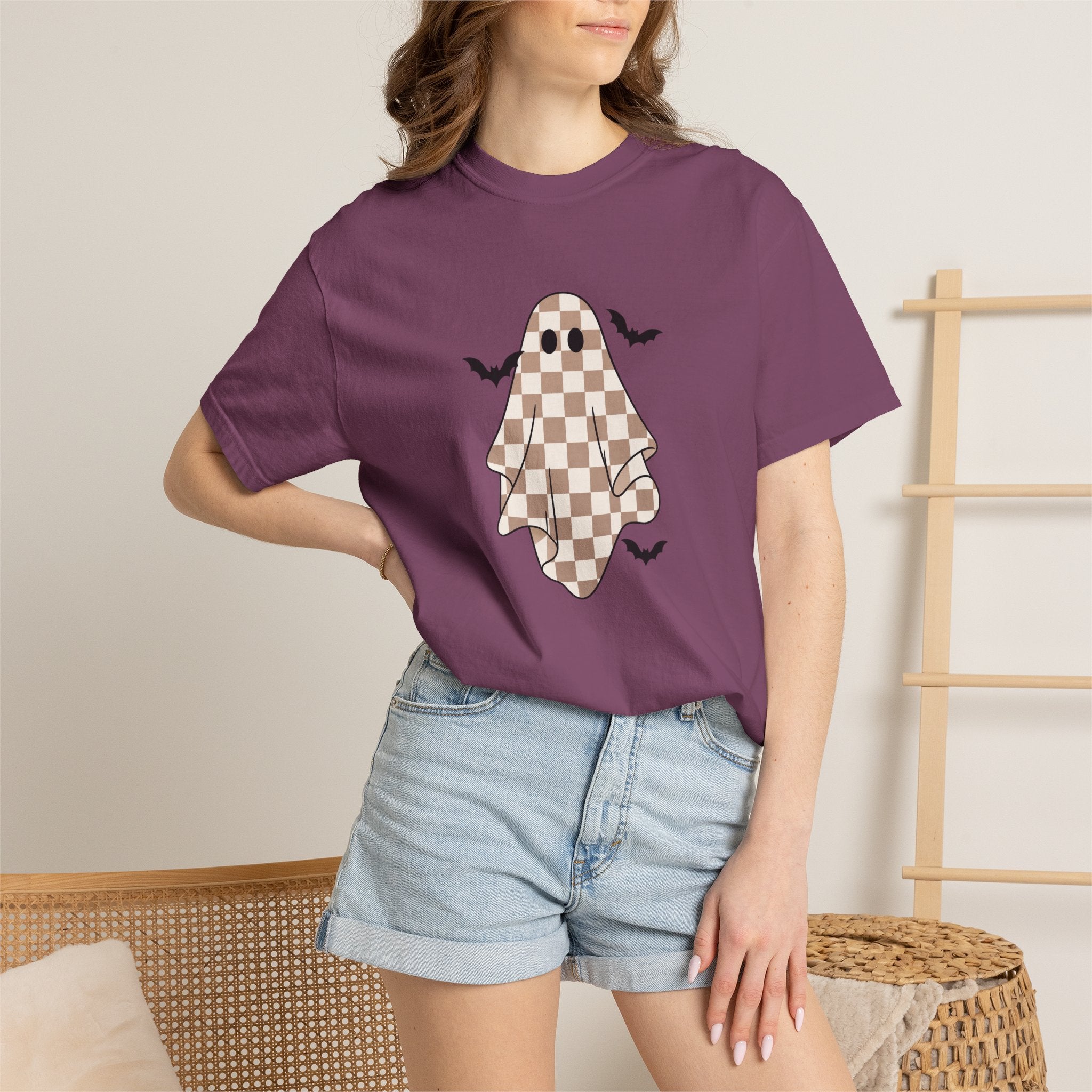 Checkerboard Ghost T-Shirt — Cute Halloween Ghost Tee with Bats