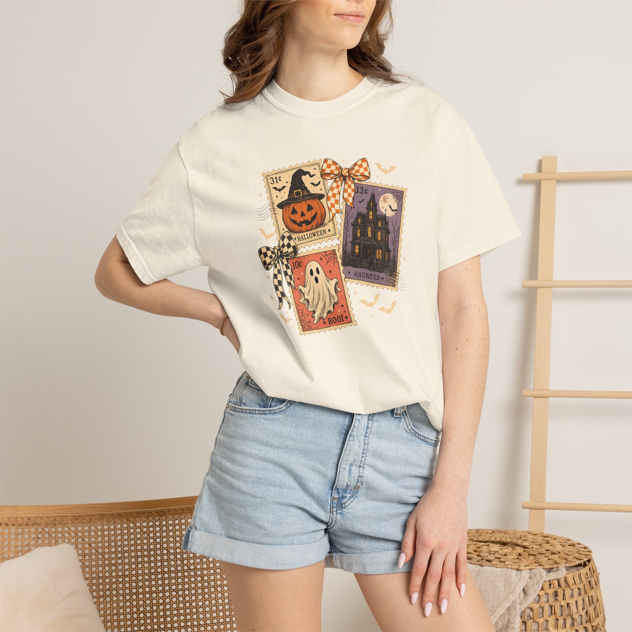 Halloween Postcard T-Shirt — Vintage Jack-o'-Lantern & Ghost Graphic