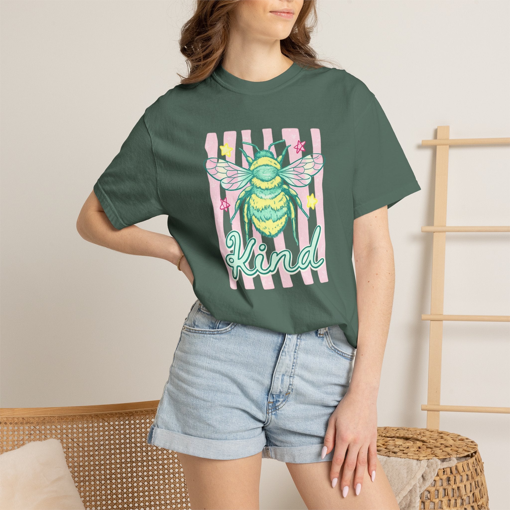 Kind Bee T-Shirt — Pastel Bee Graphic Tee with "Kind" Script