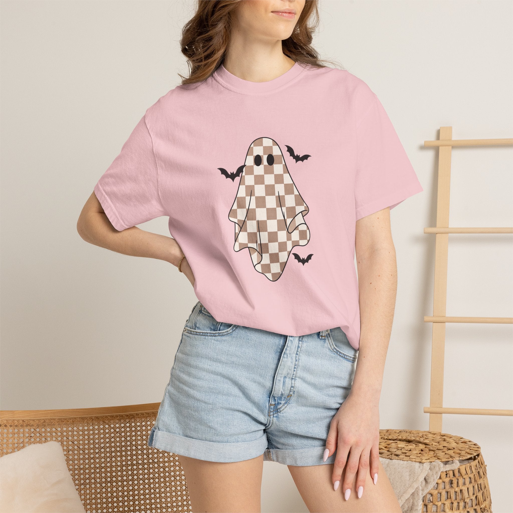 Checkerboard Ghost T-Shirt — Cute Halloween Ghost Tee with Bats