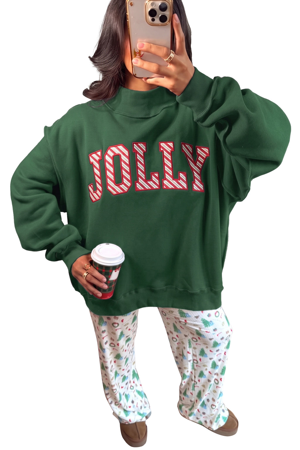 Gray MERRY Embroidered Letter High Neck Tunic Pullover Sweatshirt