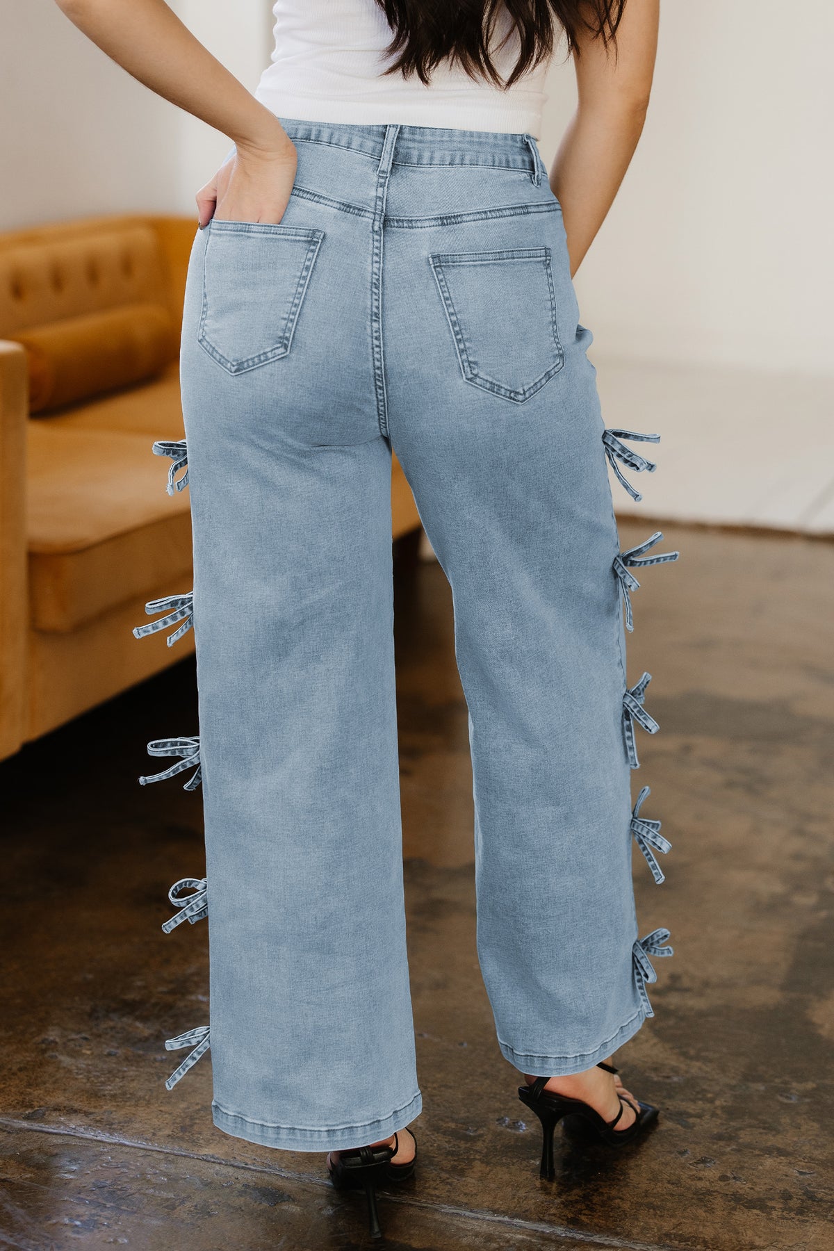 White Bow Knot Side Detail Straight Leg Loose Jeans