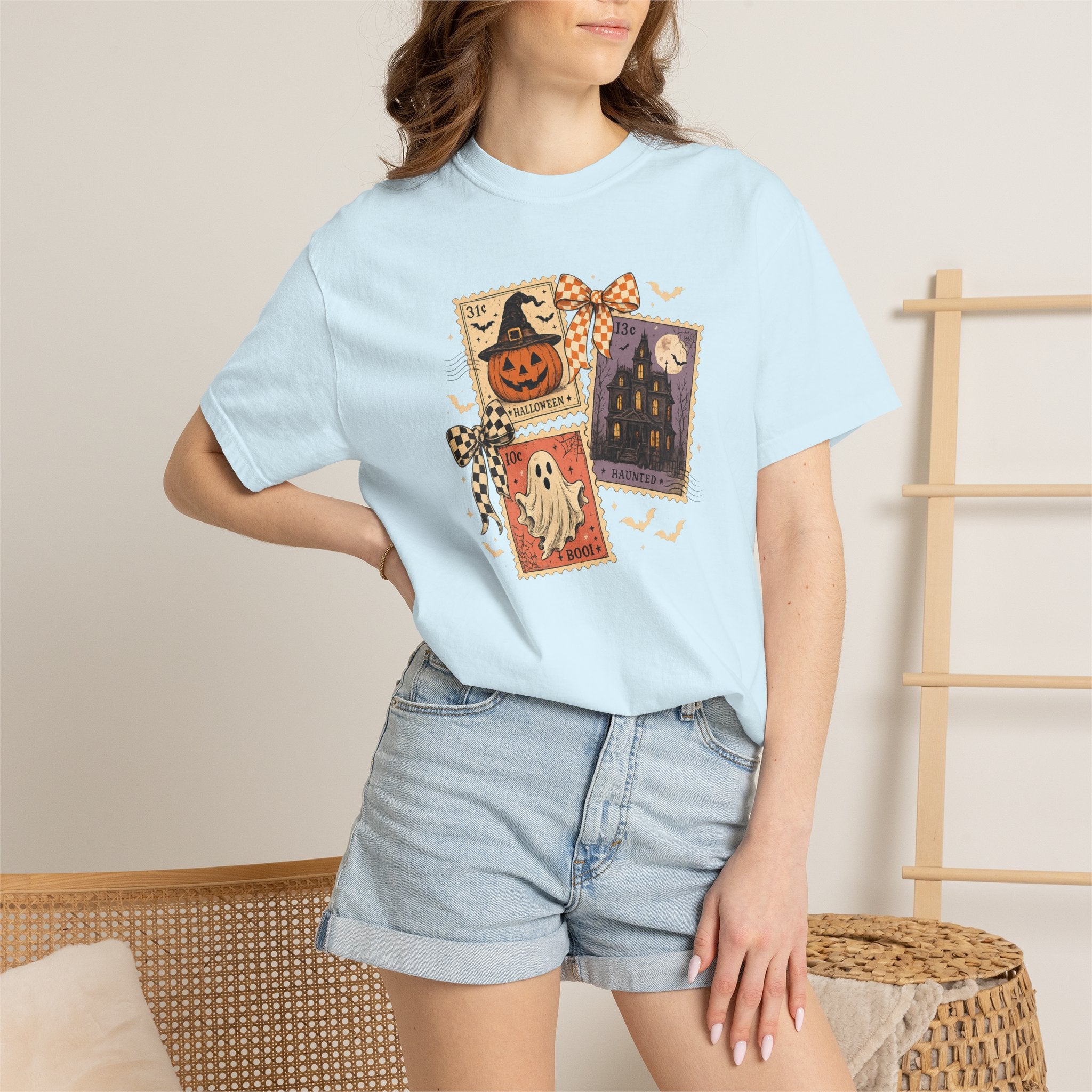 Halloween Postcard T-Shirt — Vintage Jack-o'-Lantern & Ghost Graphic