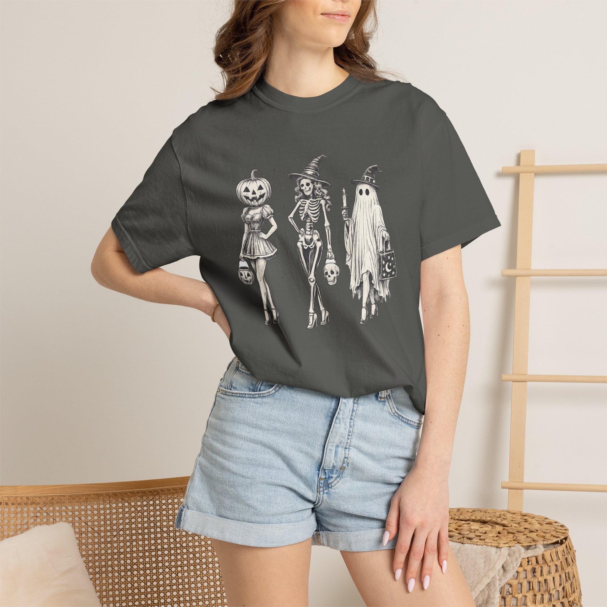 Halloween Trio T-Shirt — Vintage Skeleton, Witch & Ghost Costume Design
