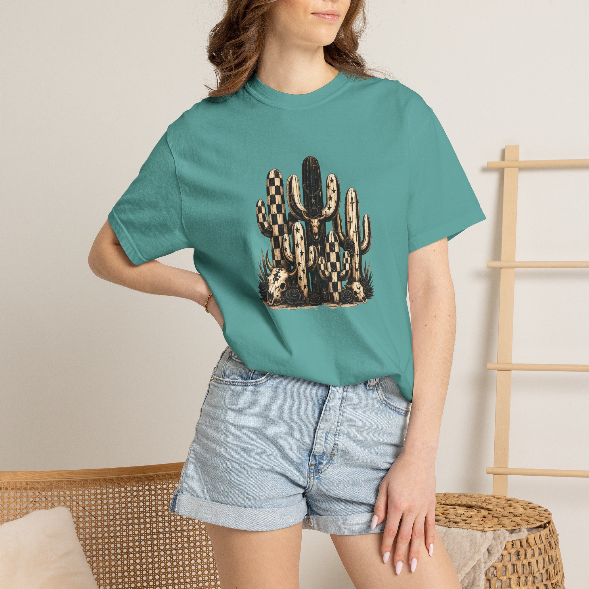 Cactus Desert Art T-Shirt — Southwestern Checkerboard Succulents Tee