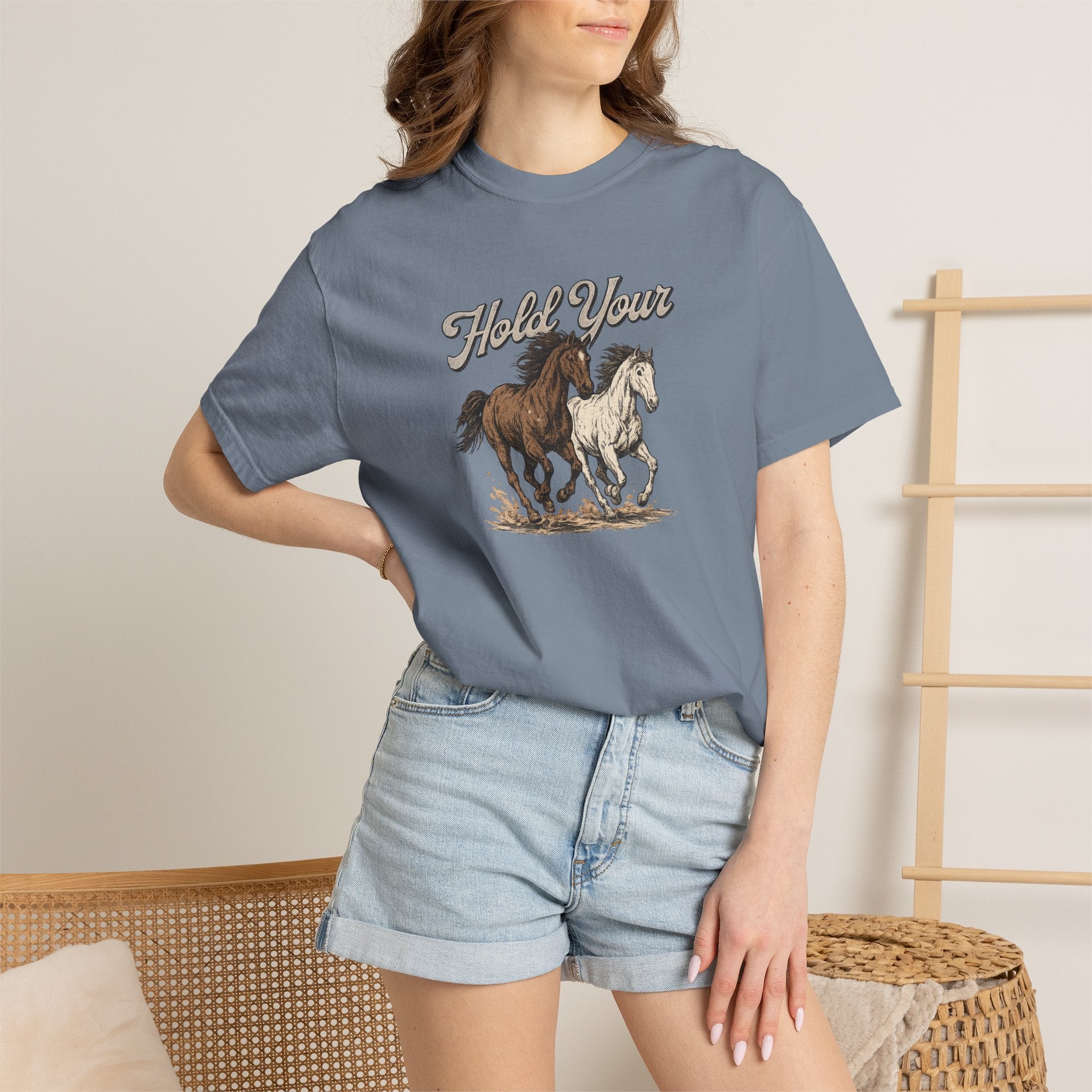 Horse Run Graphic T-Shirt — 'Hold Your' Vintage Western Tee