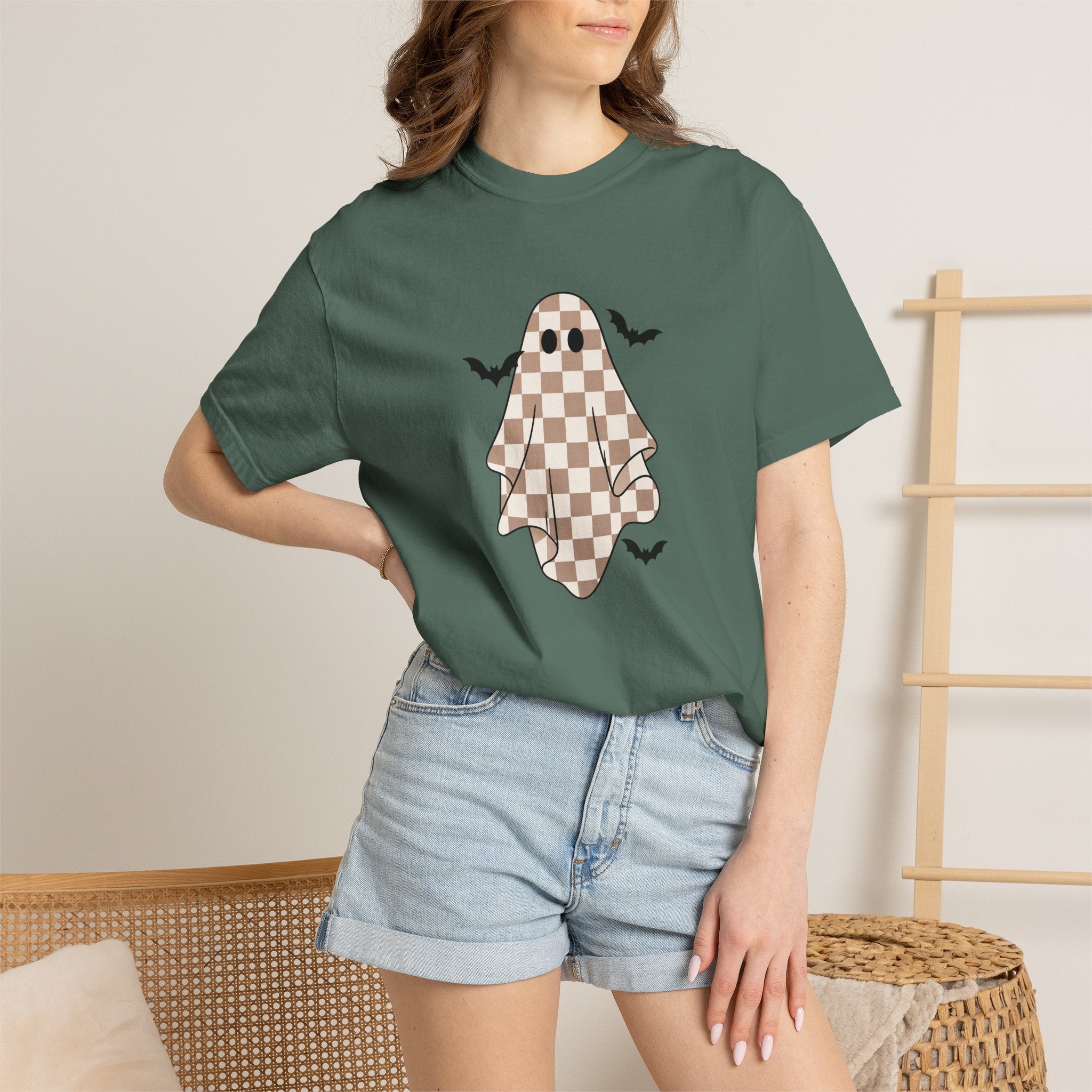 Checkerboard Ghost T-Shirt — Cute Halloween Ghost Tee with Bats