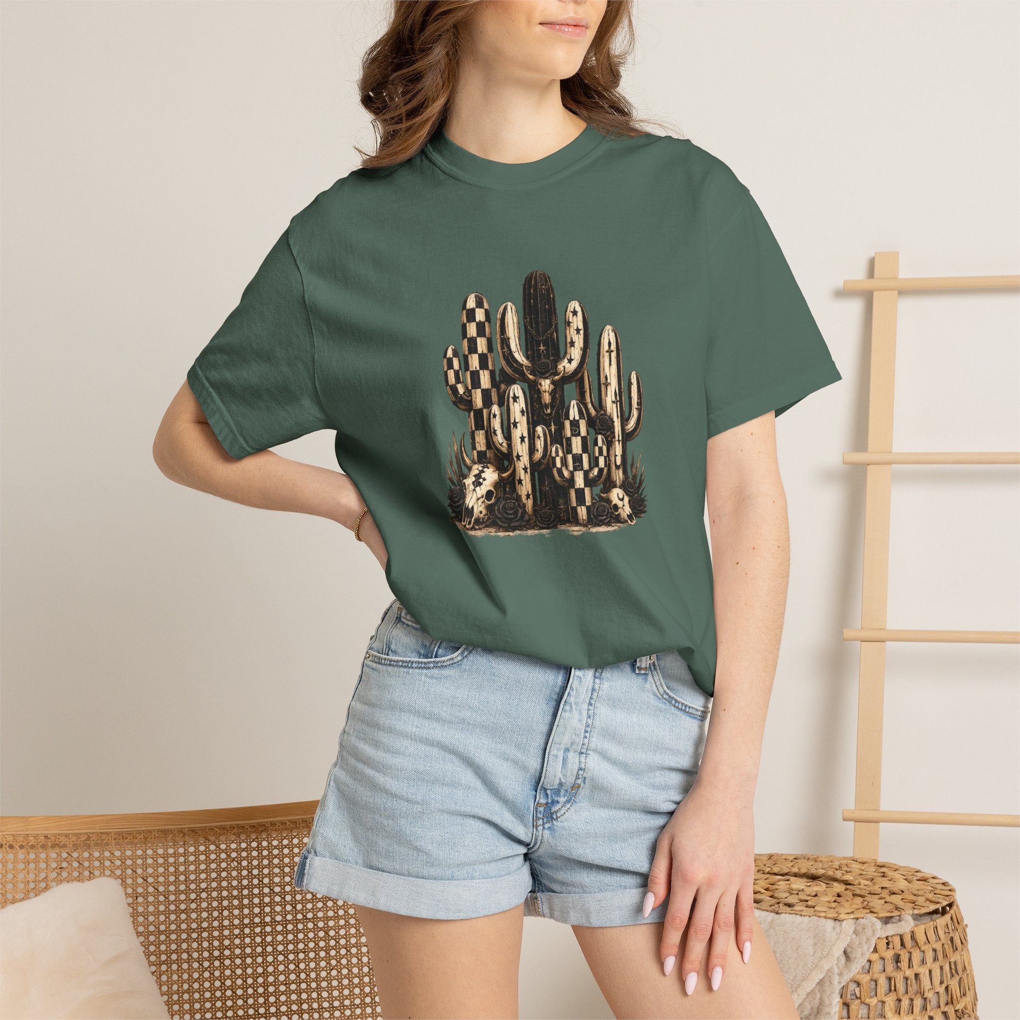 Cactus Desert Art T-Shirt — Southwestern Checkerboard Succulents Tee