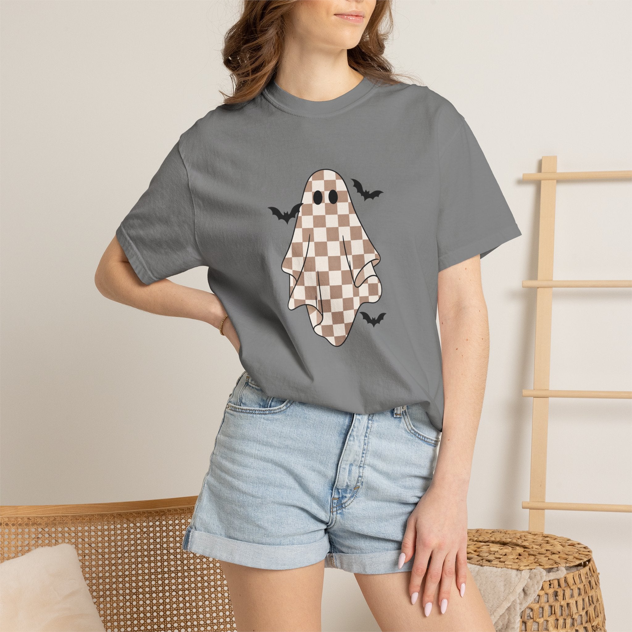 Checkerboard Ghost T-Shirt — Cute Halloween Ghost Tee with Bats