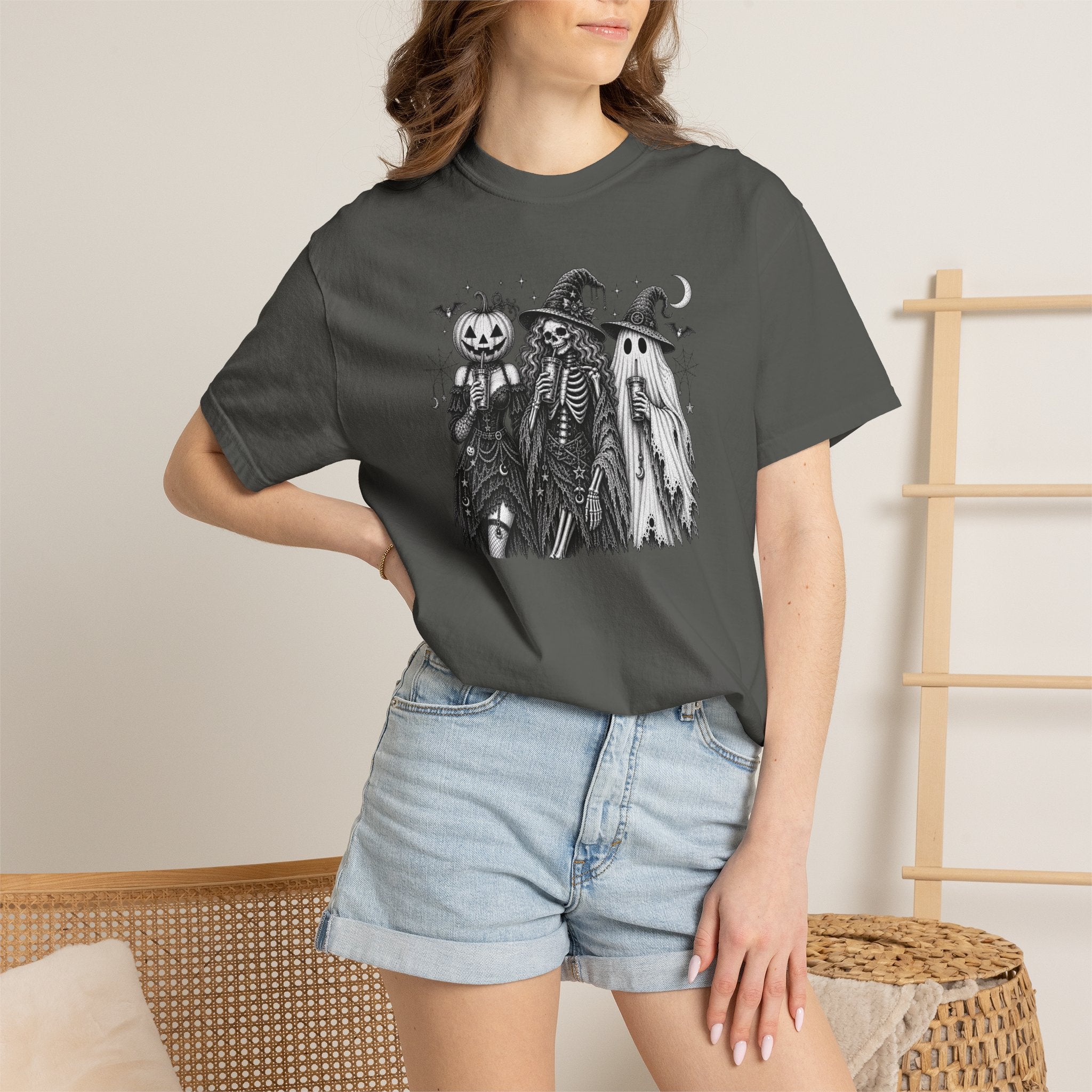 Halloween Trio Skeletons Graphic T-Shirt — Spooky Witch, Pumpkin & Ghost Tee
