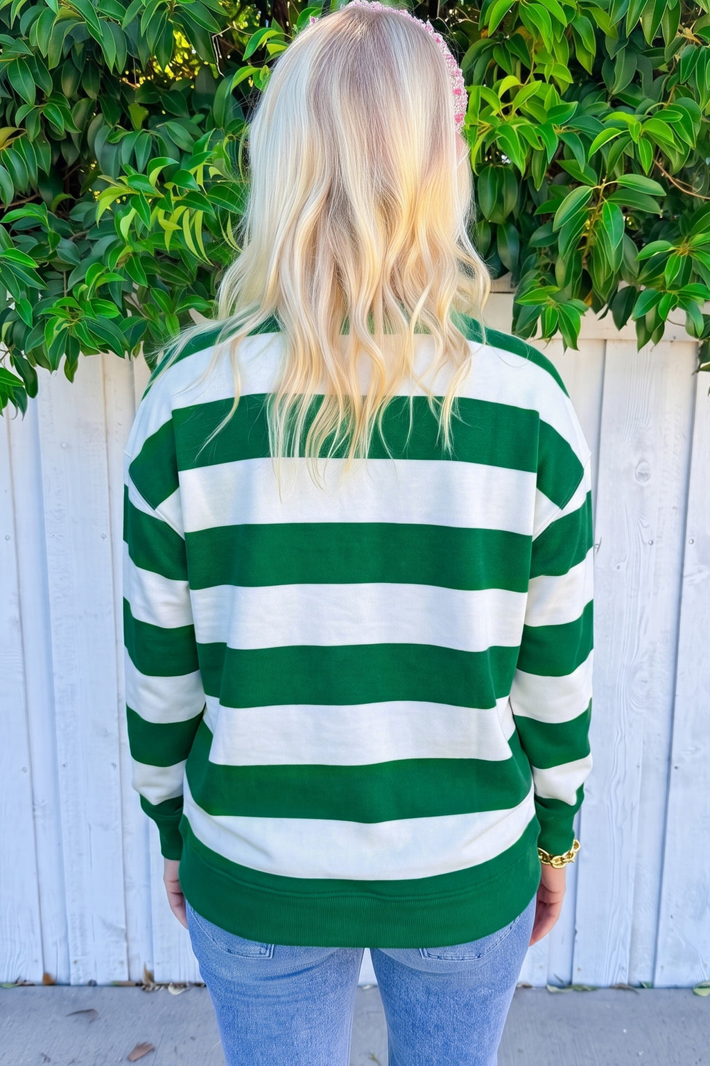Green Stripe holly jolly Letter Embroidered Pullover Sweatshirt